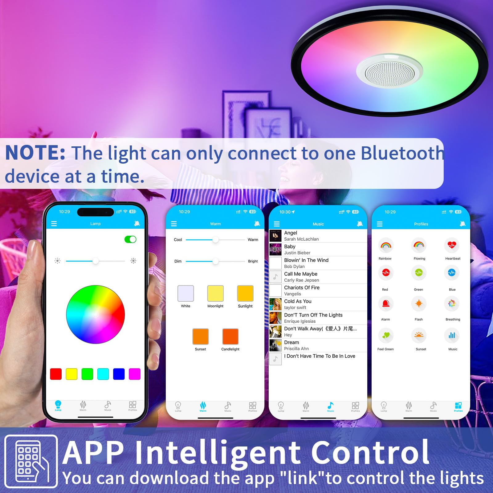 Uprizep Rgb Led Ceiling Light  With Bluetooth Speaker  24W 12Inch Smart Music Ceiling Lamp With App And Remote Control  3000K-6500K Color Changing Lights Fixture For Child Bedroom Bathroom  Black