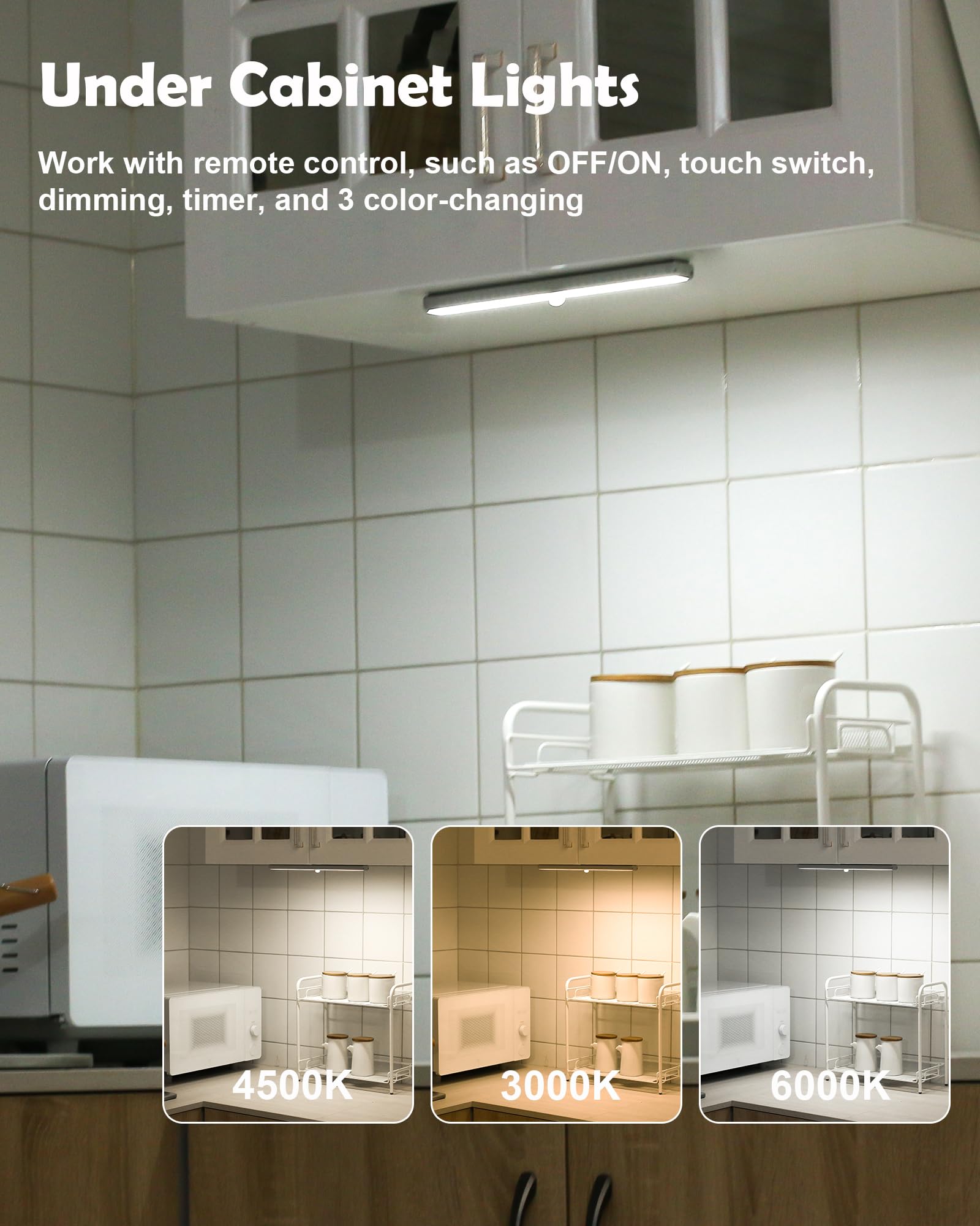 Szokled Under Cabinet Lighting Rechargeable 20-Led Remote Under Cabinet Lights, Kitchen Counter Lights Closet Light Bar, 3 Color