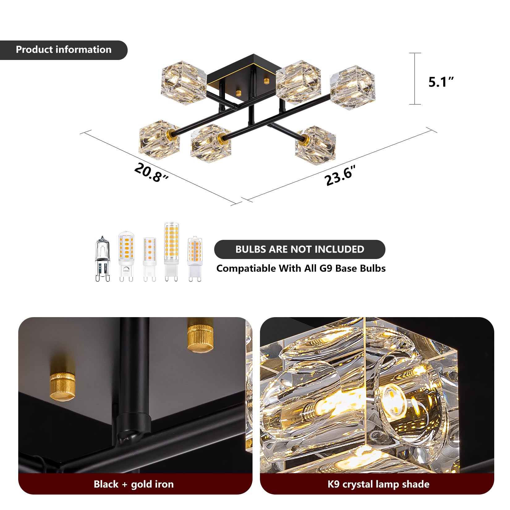 Semi Flush Mount Ceiling Light Fixture 6-Light Modern Crystal Chandeliers Black And Gold Farmhouse Lighting Fixtures For Dining Room Living Room Kitchen Bedroom Entryway