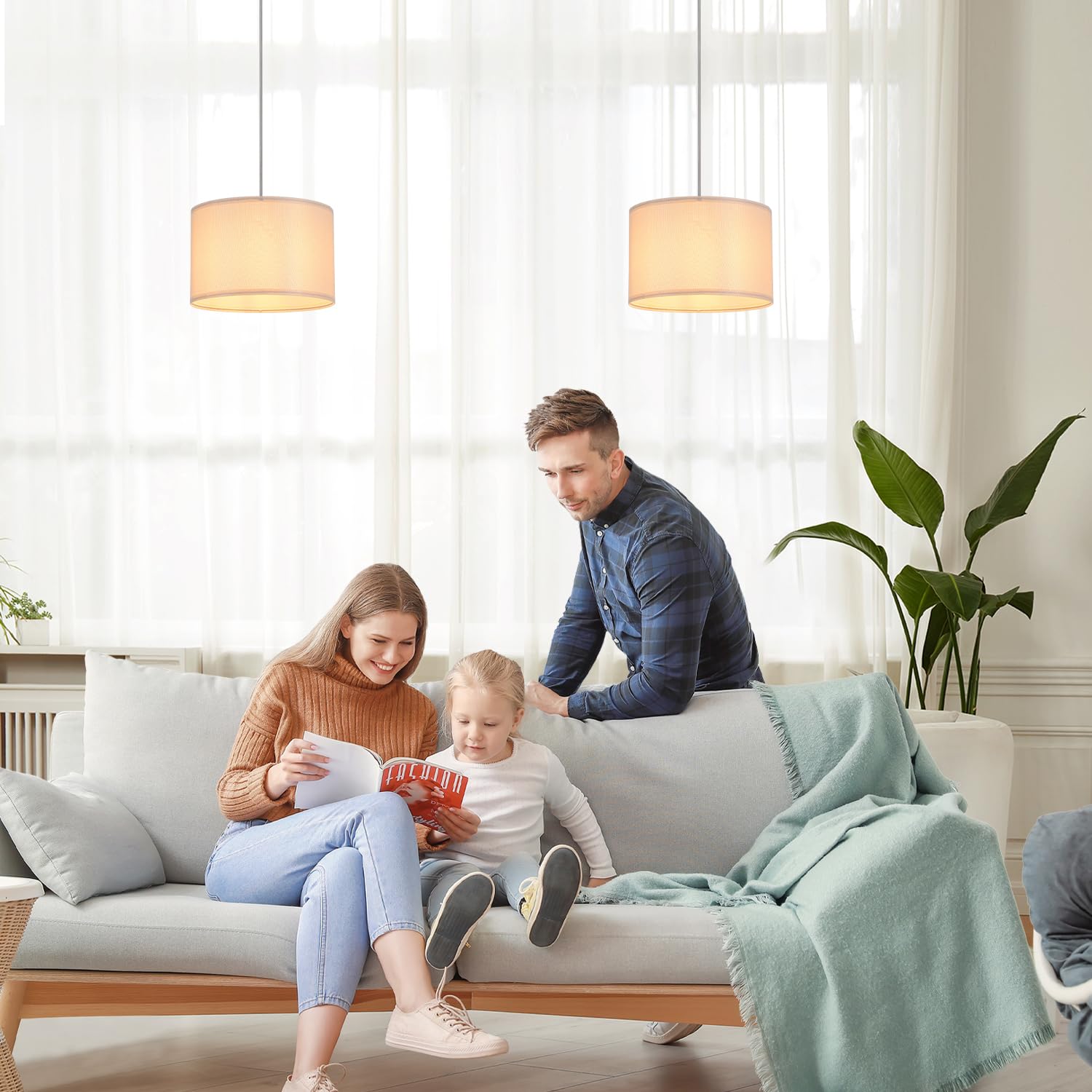 IHENGYANLT 2 Pack Plug-in Pendant Light, 15Ft Clear Cord, On/Off Switch, Beige Yellow Fabric Shade, Model P450