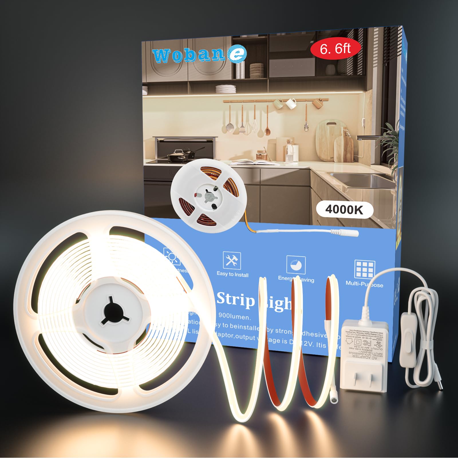 WOBANE Under Cabinet Lighting,Flexible COB LED Strip Light,Under Counter Lights for Kitchen,Mirror, Ceiling,Room,TV,Shelf,Closet