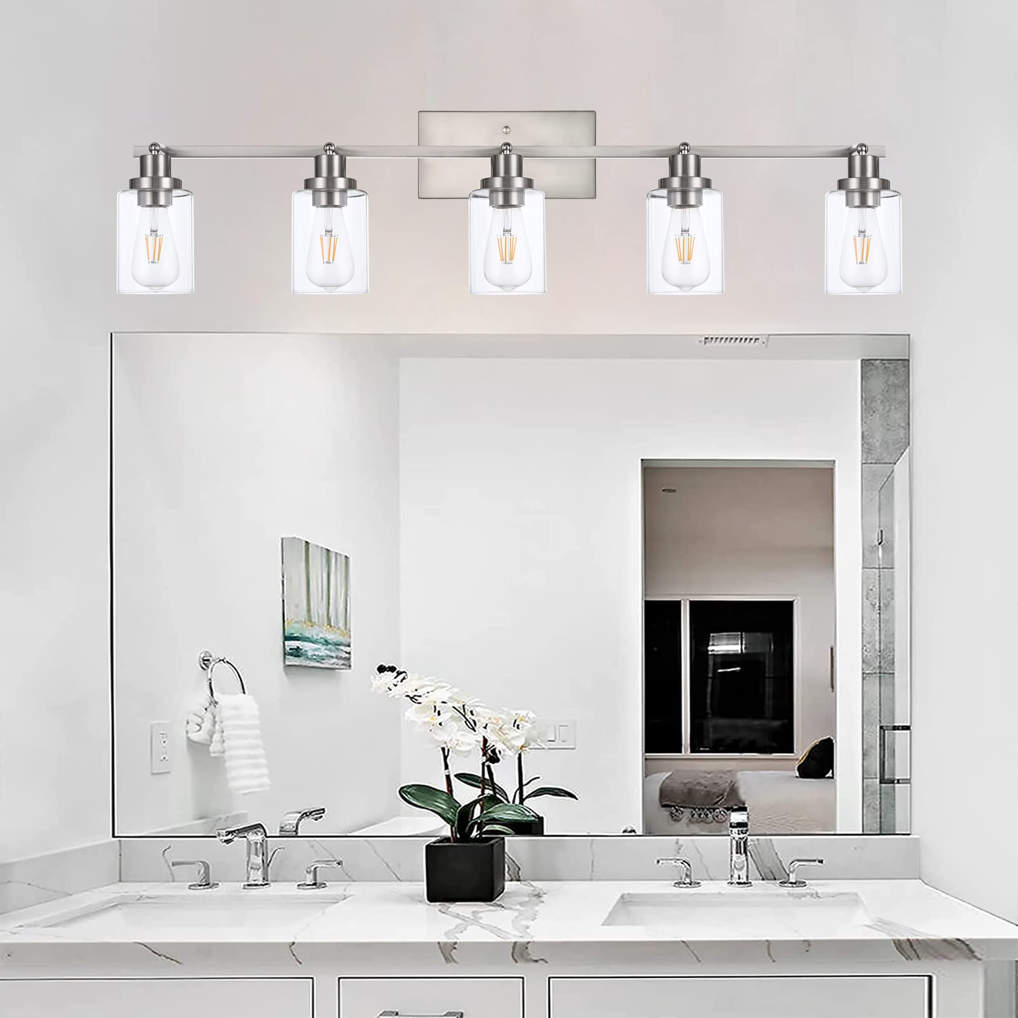Melucee 5 Light Bathroom Light Fixtures Multi-Directional Rotating Track Lighting Kit Brushed Nickel, Ceiling Spotlight Fixture For Kitchen Foyer Bath, Clear Glass Shade