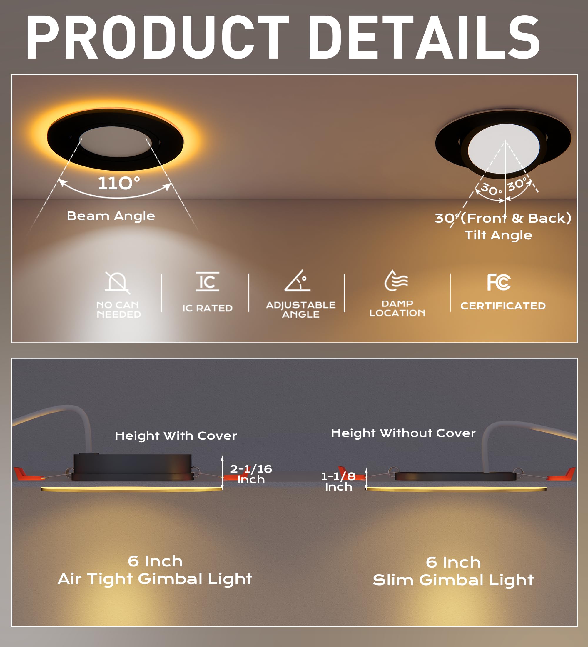 CLOUDY BAY 6" 5CCT Swivel LED Gimbal Recessed Light, 12W, 850LM, Black