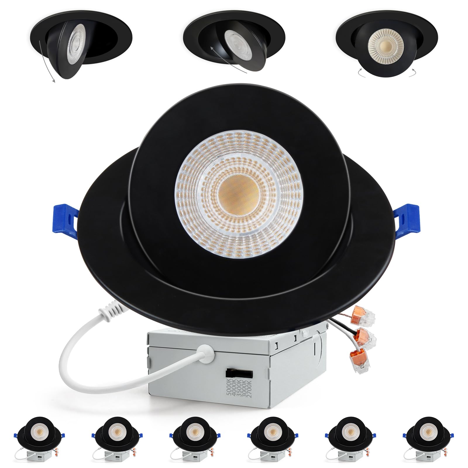 Adetu Recessed Lighting 6 Inch 5CCT Dimmable LED Eyeball Can Black 6 Pack