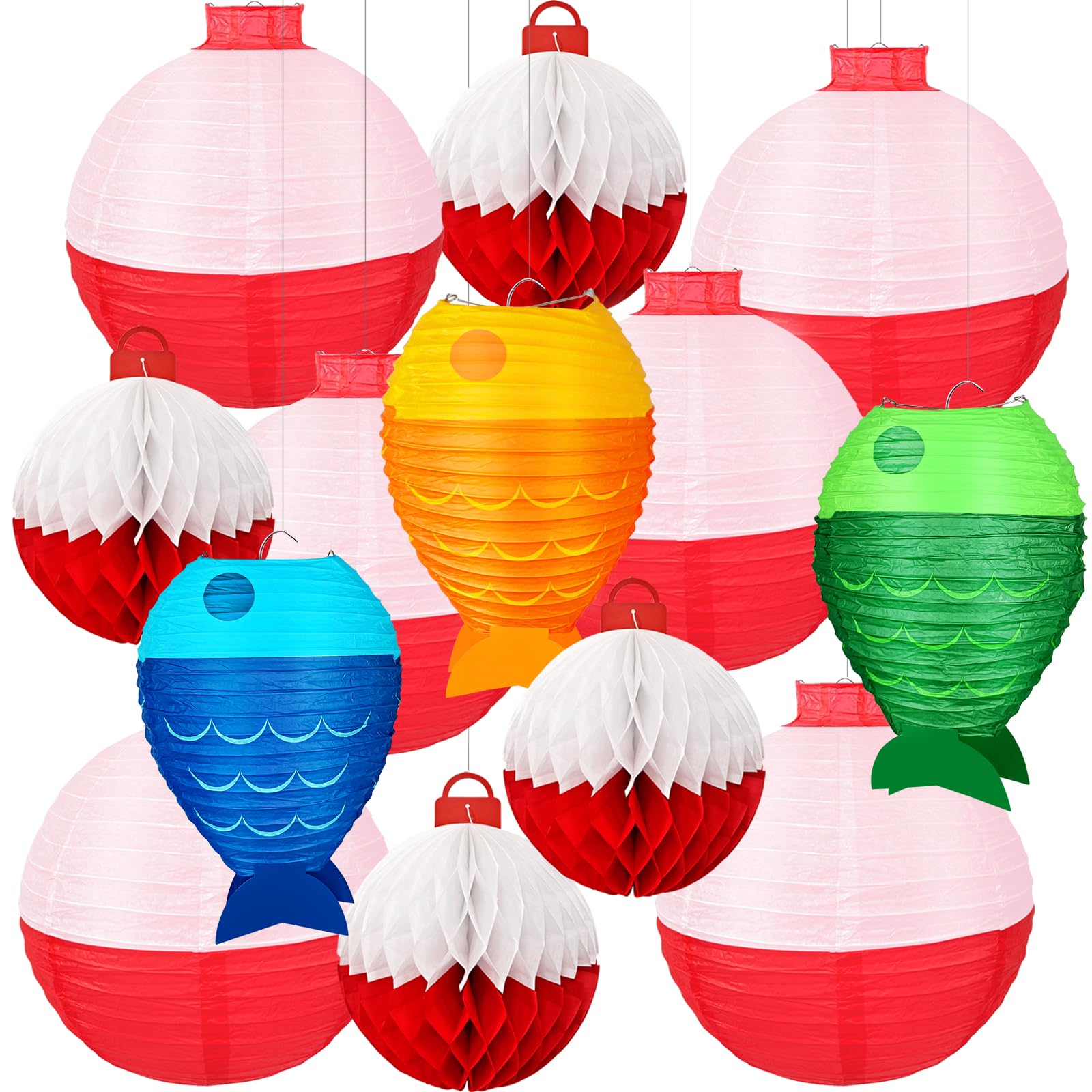 13Pcs Fishing Bobber Paper Lanterns Hanging Fish Shaped Lanterns Honeycomb Ball Decorations Red And White Paper Lanterns For Fis