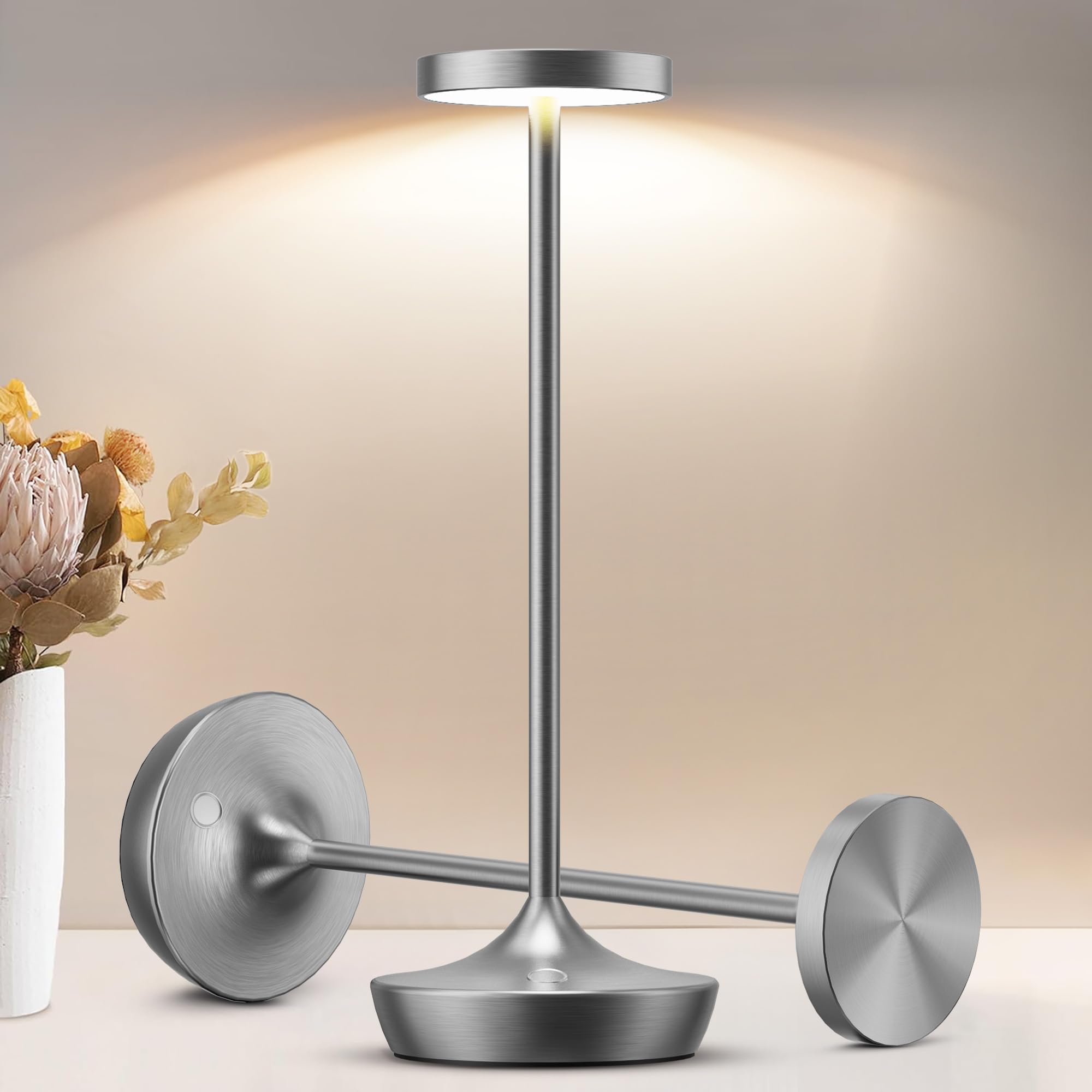 Tpczqj 2 Pack LED Cordless Table Lamp, Rechargeable, Waterproof, Touch 3 Color Dimming, Grey