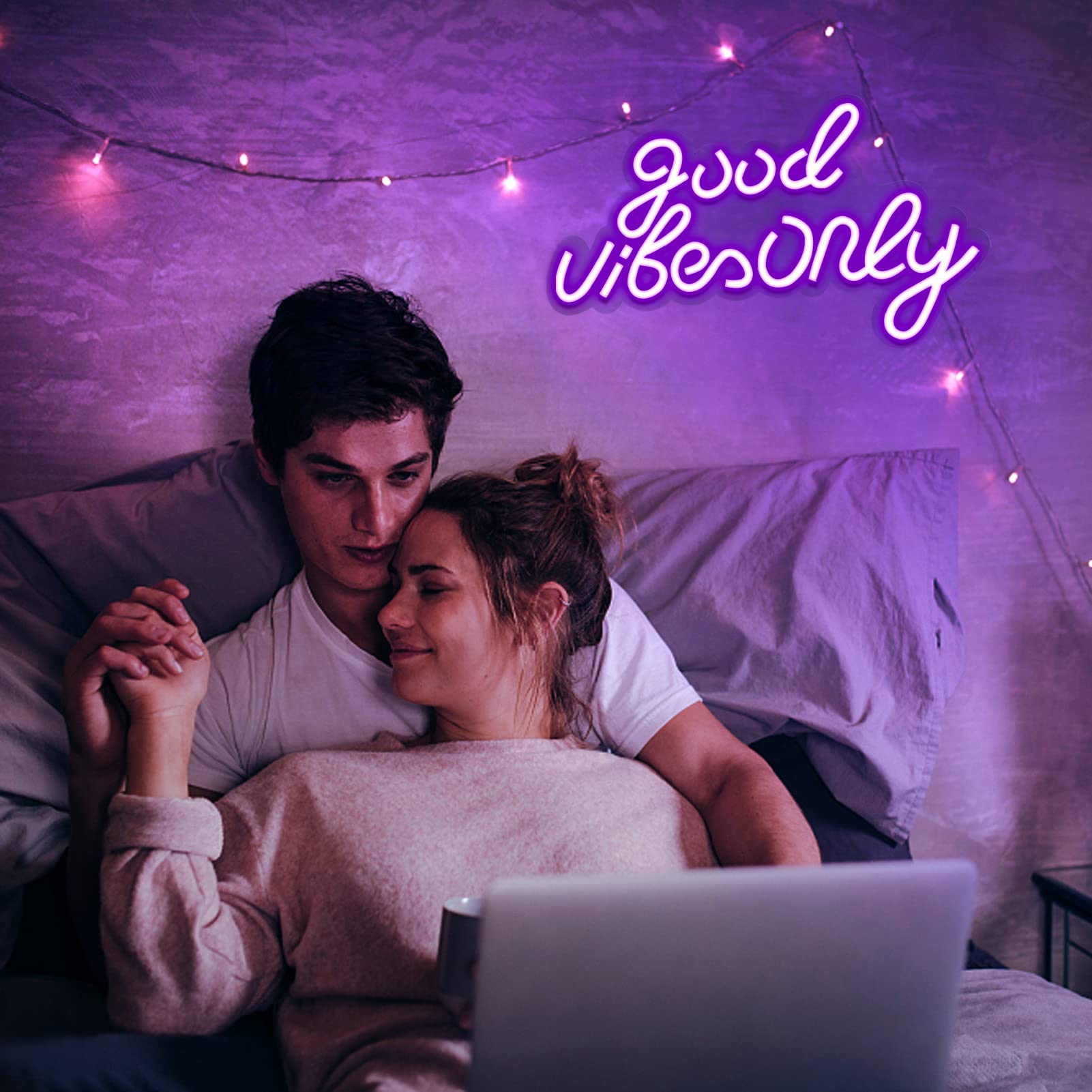 JFLLamp Good Vibes Only Neon Sign - 16.5" x 10" Purple LED Wall Decor, Plastic, Model GBO-Purple, Perfect for Bedroom and Parties