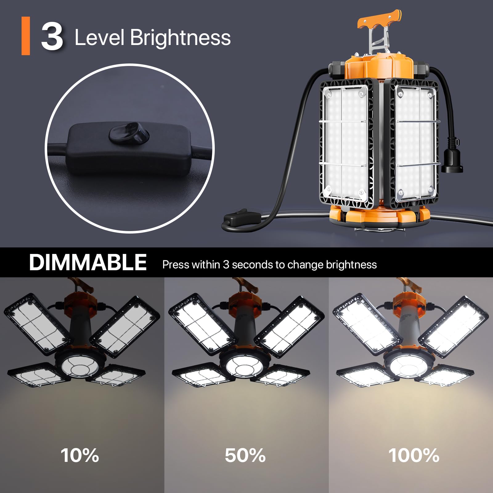 Led Temporary Work Light: 80W 12000Lm Led Work Light With Brightness Adjustable Switch, 4 Deformable Panels Portable Constructio