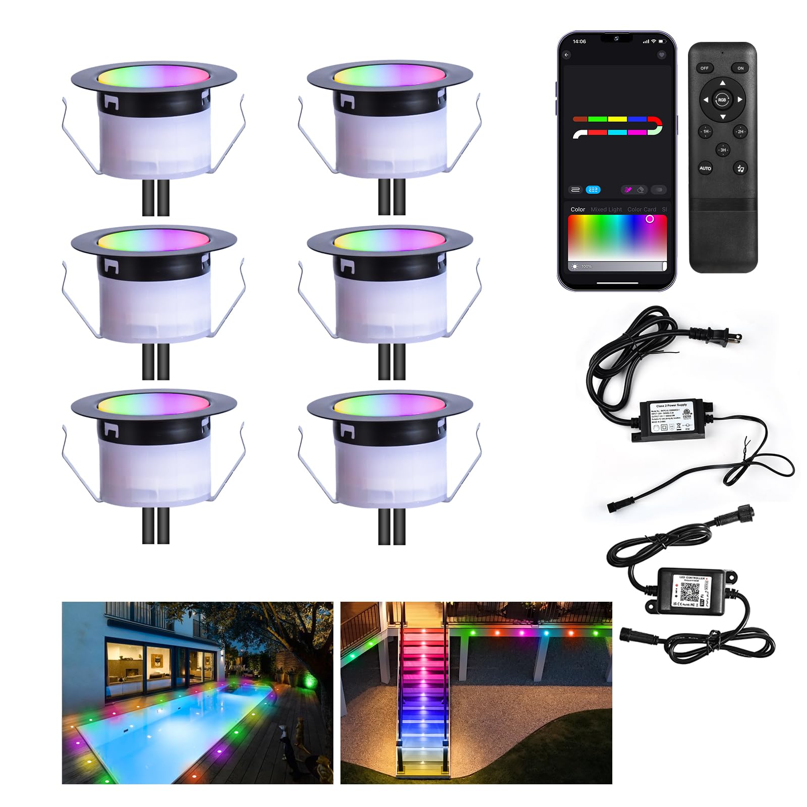 LED Deck Light Kit, 20pcs F1.77 WiFi Wireless Smart Phone Control Low Voltage Recessed RGBW Deck Lights with Remote, Voice Contr