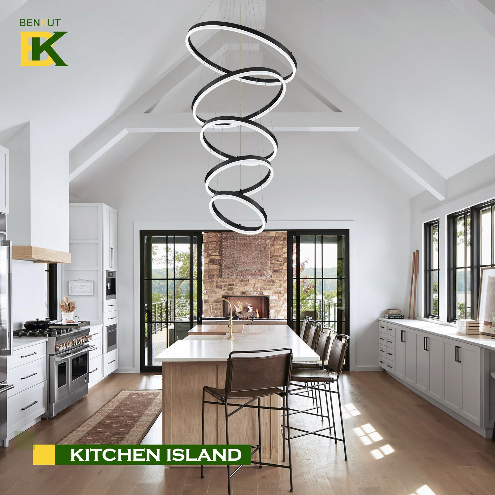 Benkut 5-Rings LED Chandelier, Black, Dimmable with Remote Control, Contemporary Design for Dining Room, Model P60S-5BDC1