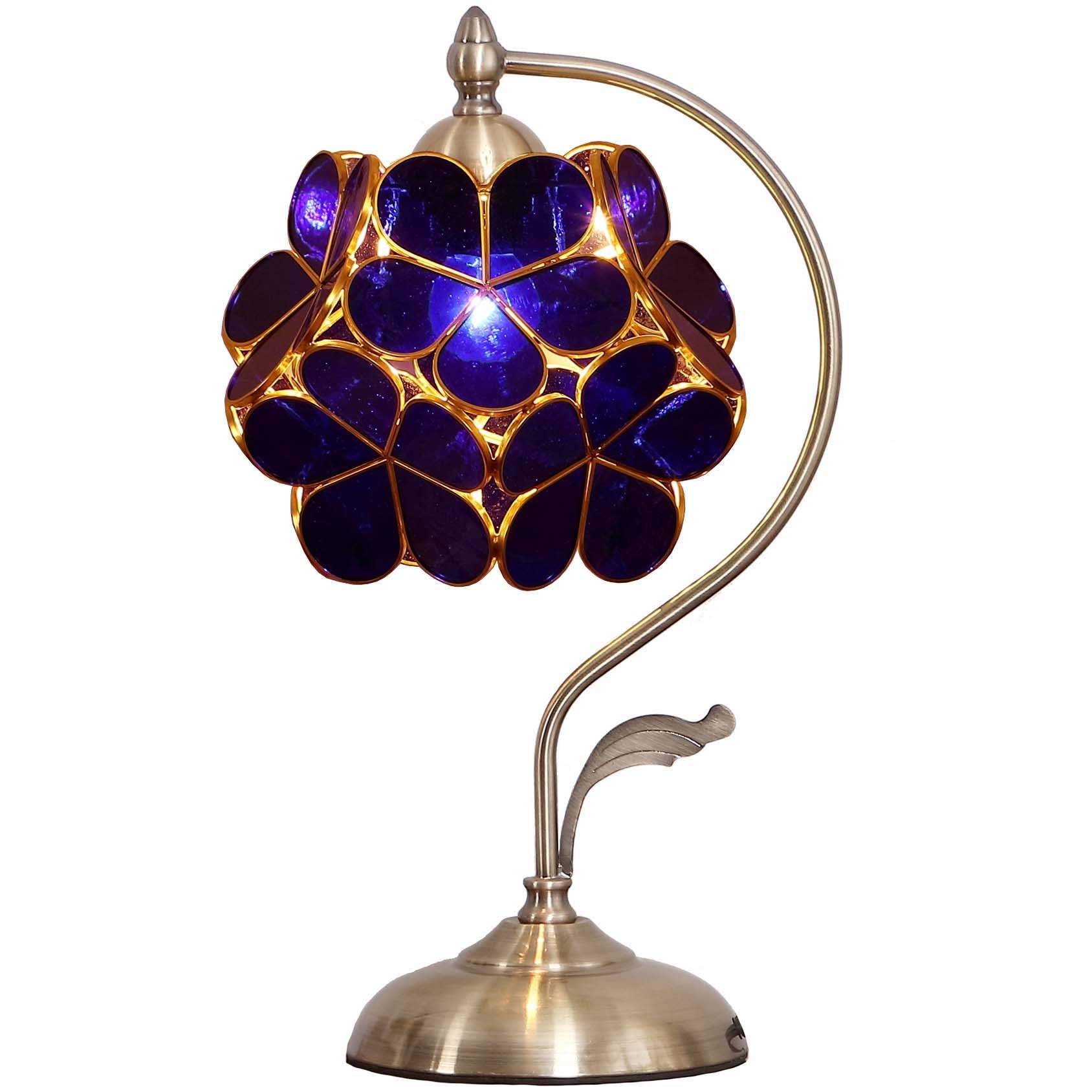 Bieye L10750 Tiffany Style Stained Glass Flower Petal Table Lamp With Brass Base For Home D  Cor (Blue, 8'' Cherry Blossom)