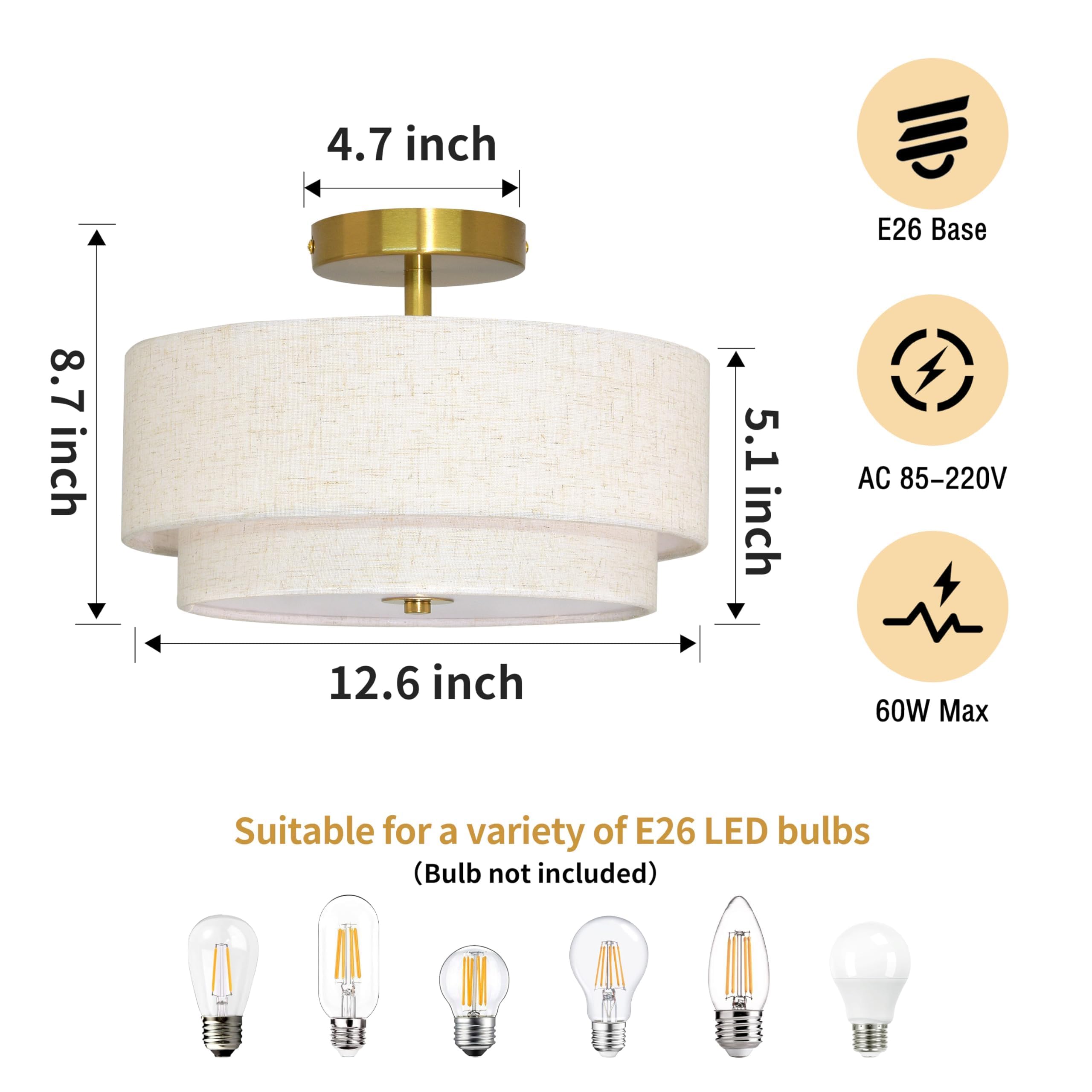 2 Light Semi Flush Mount Ceiling Light Fixture 12.6 Inch Modern Gold Drum Ceiling Light Fixture With 2-Layer Fabric Shade Dimmab