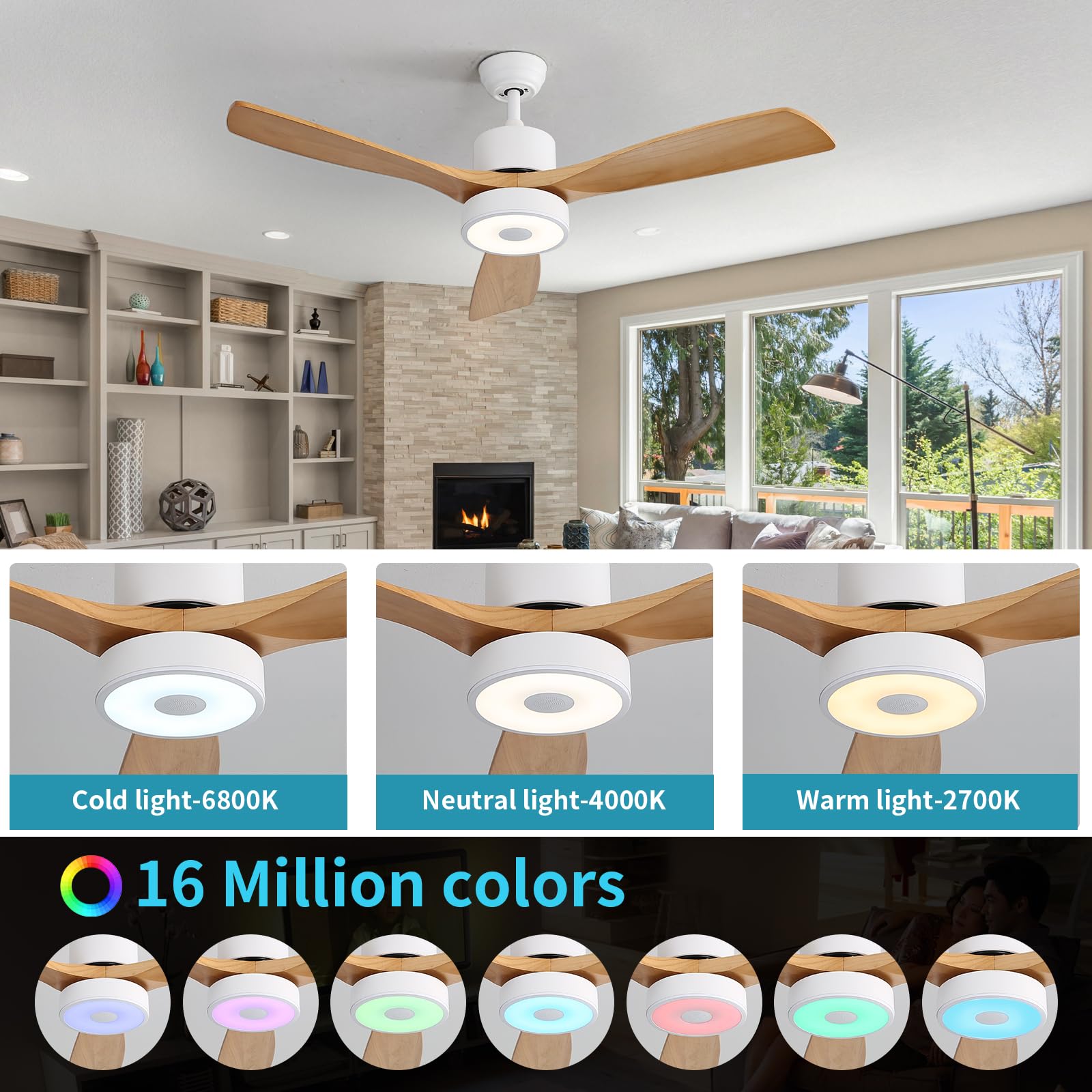 Asall 52 Inch Wood Ceiling Fan With Rgb Dimming Led Light,With Music Bluetooth Speaker,Remote Control,3-Speed Regulation, Reversible Motor,Timing,For Living Room,Bedroom,Restaurant,Outdoor
