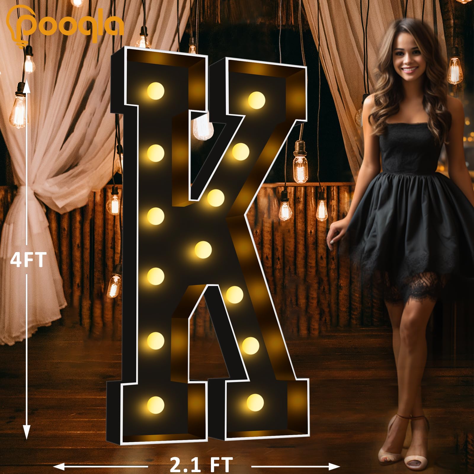 Pooqla 4 Ft Marquee Light Up Letters, Black Marquee Letter Lights 4 Feet Tall, Giant Letter Sign Big Mosaic Letters For Balloons Birthday Party Anniversary Wedding Decorations, Warm White Letter K