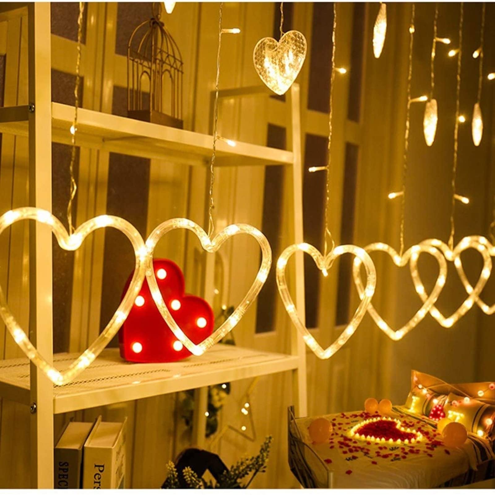 Efunly Valentines Day Decor Lights 138 LED 12-Heart-Shaped String Lights Waterproof 8 Modes Connetable 29V Plug in Curtain Lights for Kids Bedroom Wedding Party Valentines Day Decoration (Warm White)