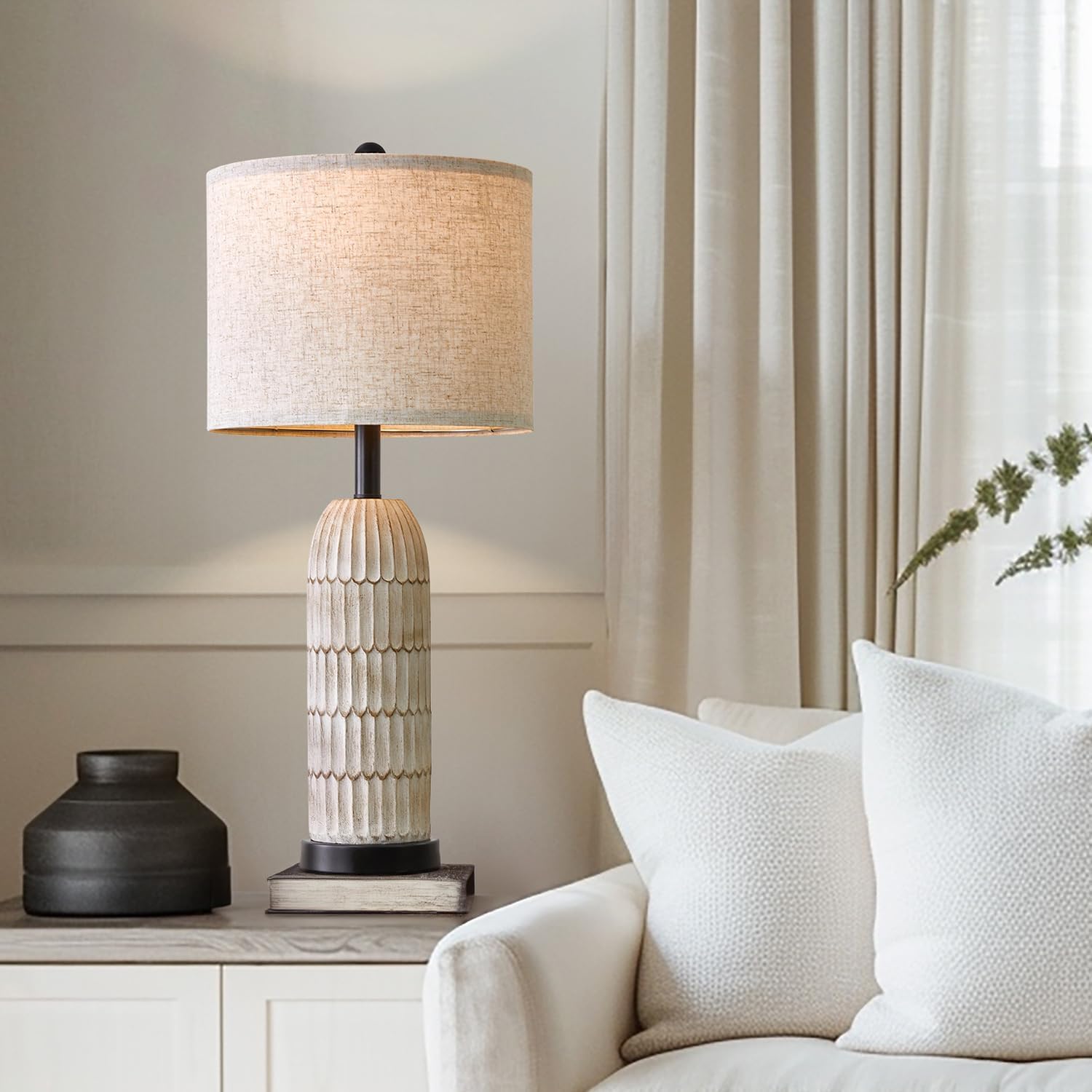 OYEARS Table Lamps Set of 2 - 26.5" Bedside Lamps with USB A+C Charging Ports, Rustic Wash White for Nightstands and Bedrooms