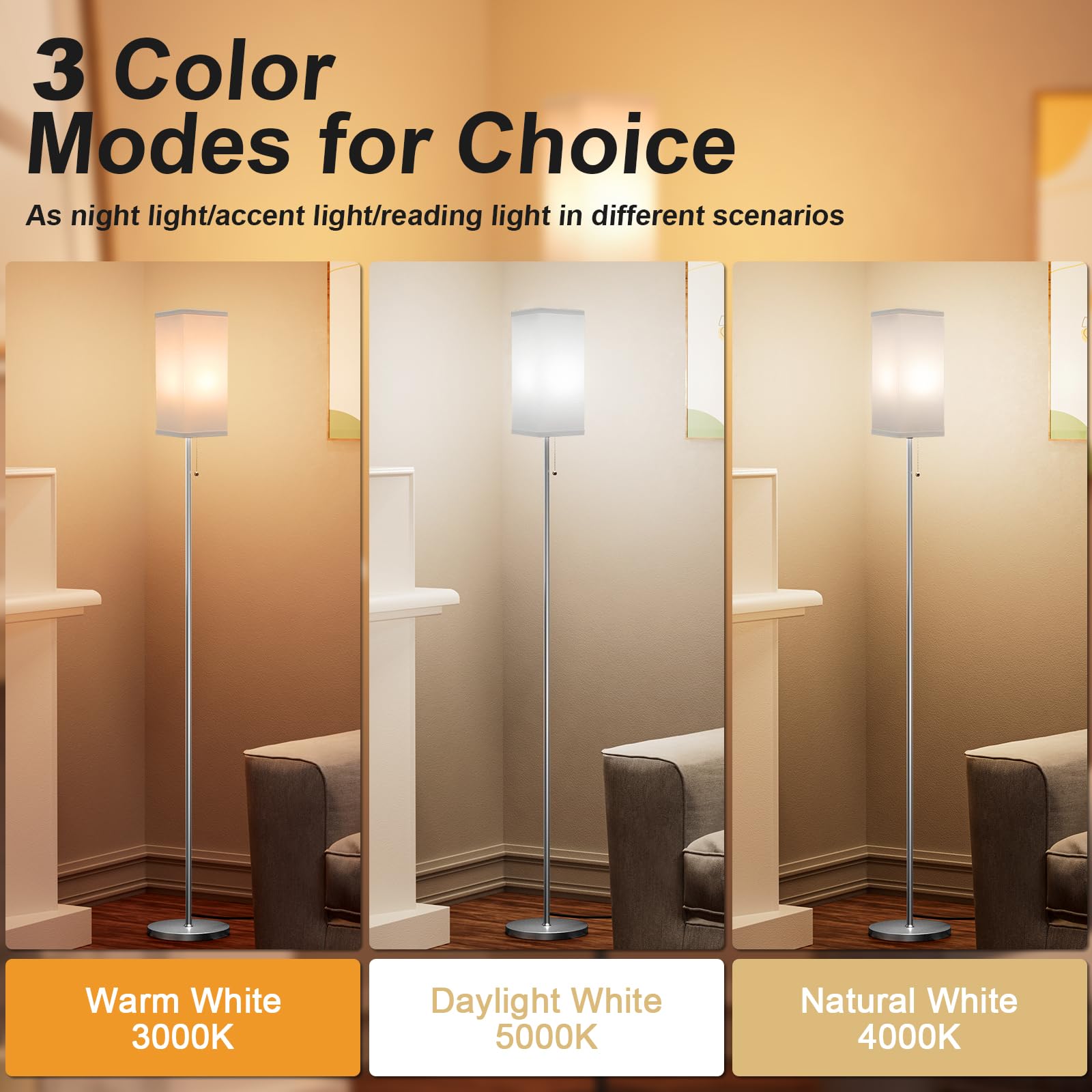 Ziisee Floor Lamps Set of 2 - Modern Metal Standing Lamps with Pull Chain, White Shade, Silver Color, Model SQ4-10