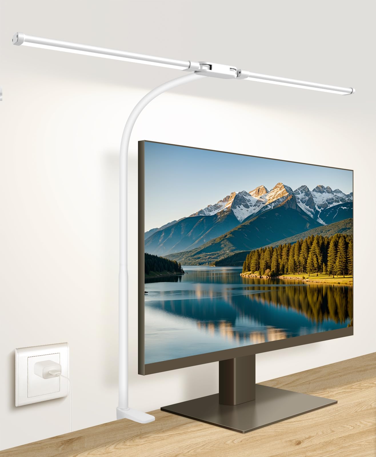 Desk Lamp with Clamp, with 5V 2A Adapter, LED Desk Lamp with Dual Head, 50 Light Modes, Computer Monitor Flexible Gooseneck Lamp