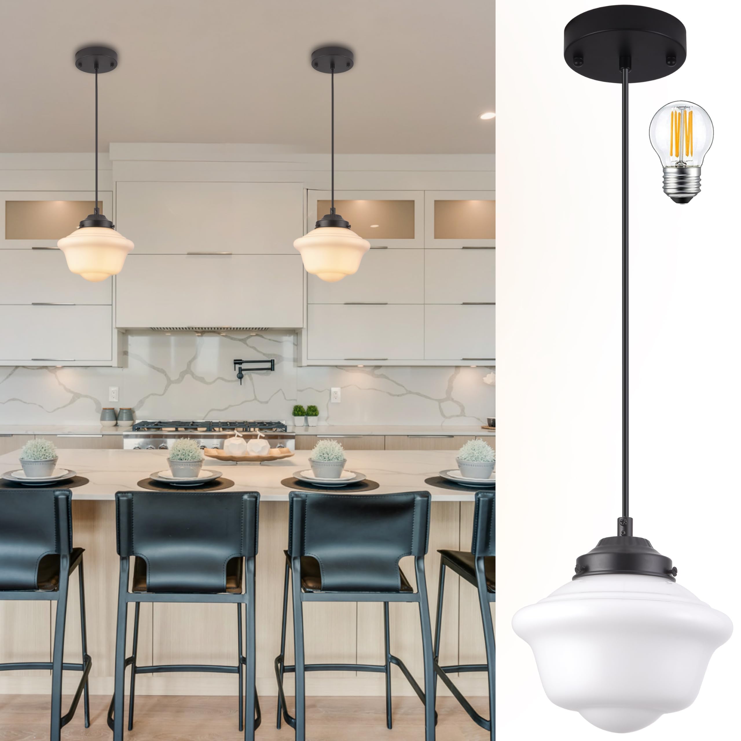 AyshwillDec Black Schoolhouse Light Fixture 8'' Milk Glass Pendant Light Schoolhouse Pendant Light Milk Glass Light Fixture Mid 