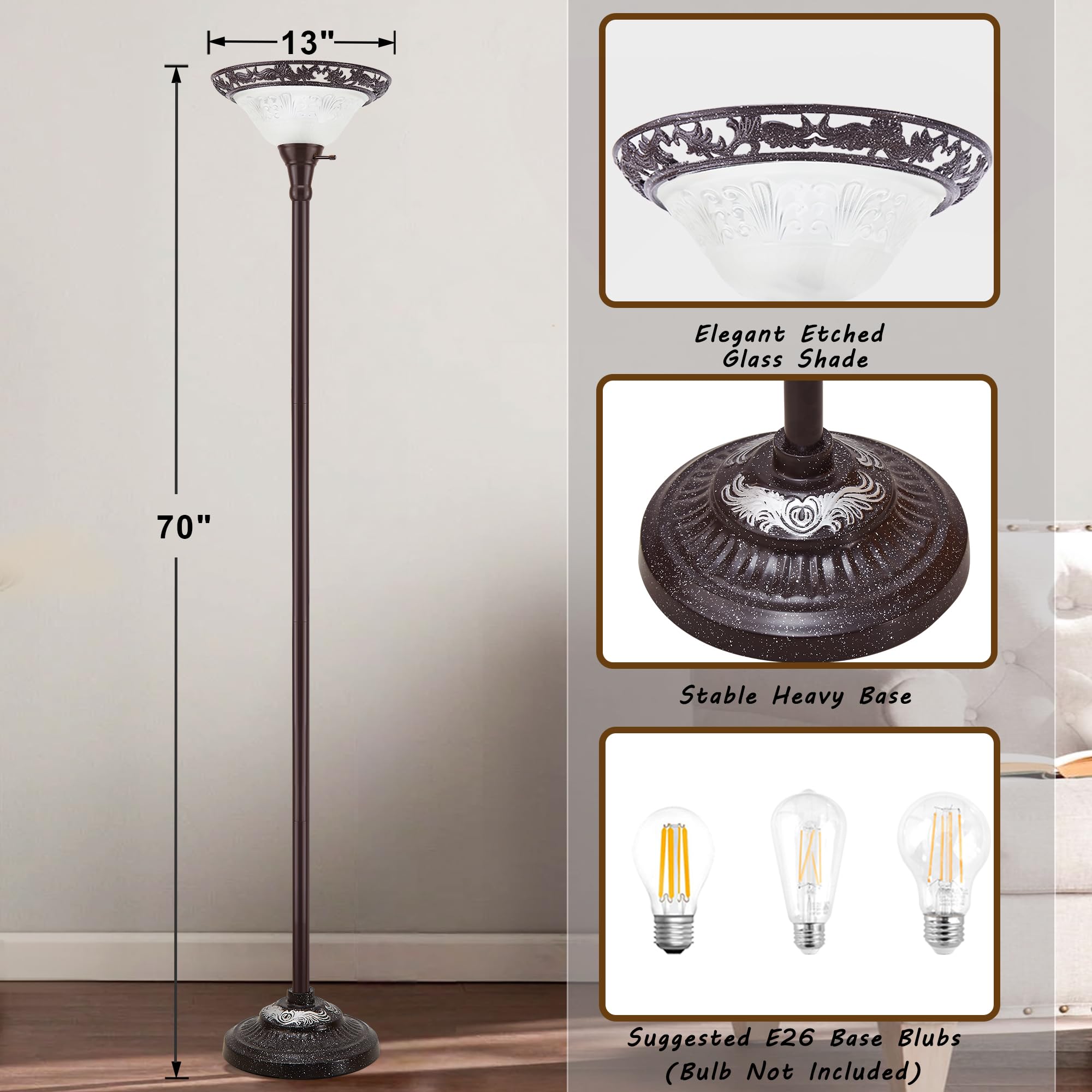 Luvkczc Torchiere Floor Lamp - 70" Victorian Design with Etched Glass Shade, Red Brown Finish, Ideal for Living Room or Bedroom