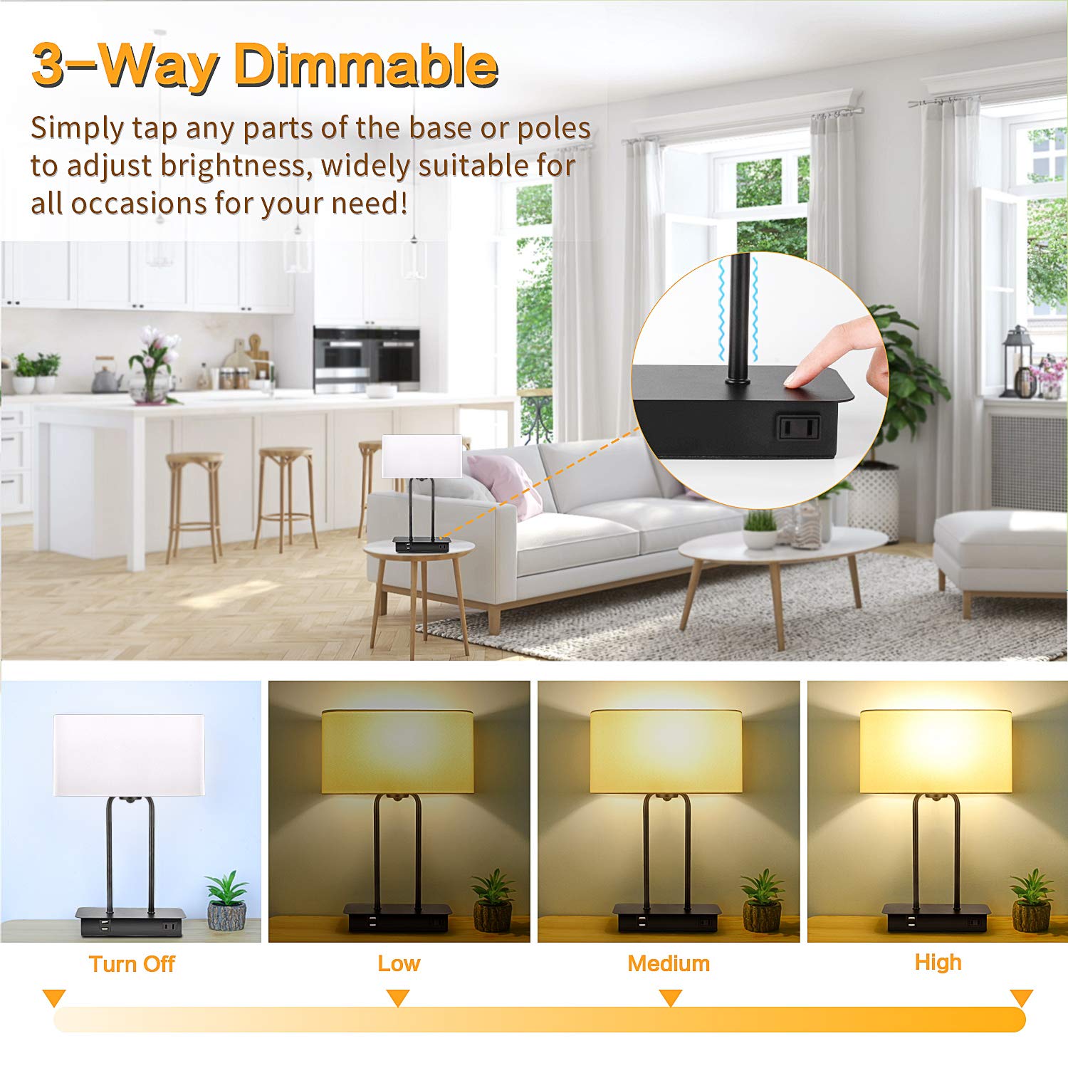 Beslowe 3-Way Dimmable Touch Control Table Lamp With Usb Ports & Ac Outlet, White Fabric Shade