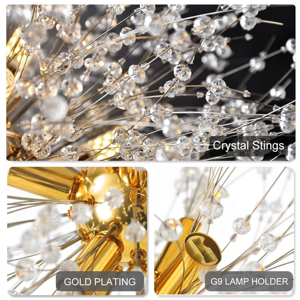 Vikaey Modern Dandelion Firework Chandelier, Gold Dining Room Chandelier, Crystal Hanging Pendant Lighting Fixture For Living Room, Bathroom, Bedroom, Entryway, 12-Light