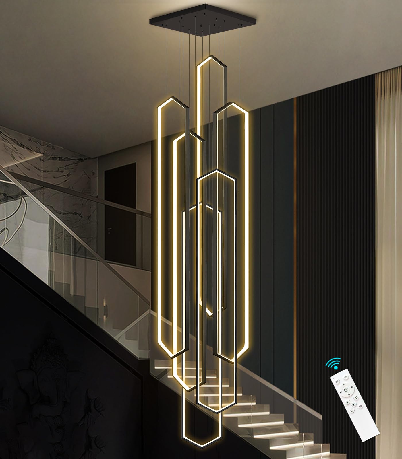 dolria 6 Rings Black Modern Large Chandelier Dimmable LED High Ceiling Chandelier for Living Room Foyer Hanging Modern Ceiling L