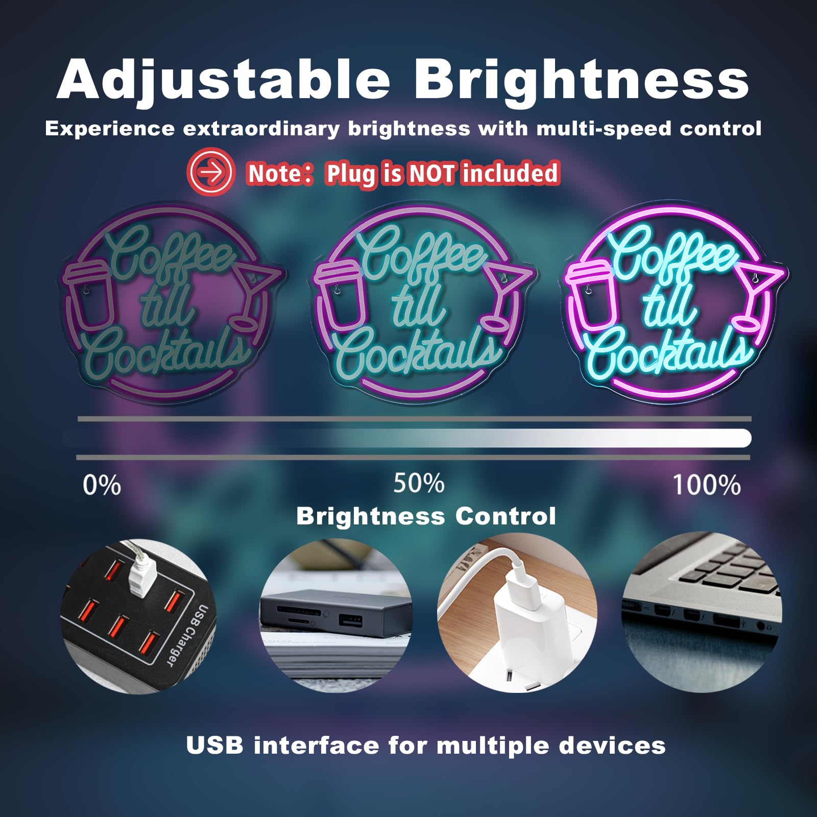 JURONG Coffee Cocktail LED Neon Sign, Dimmable USB Light, 16.5inx9in, Pink Blue Acrylic Decor for Home, Party, Office