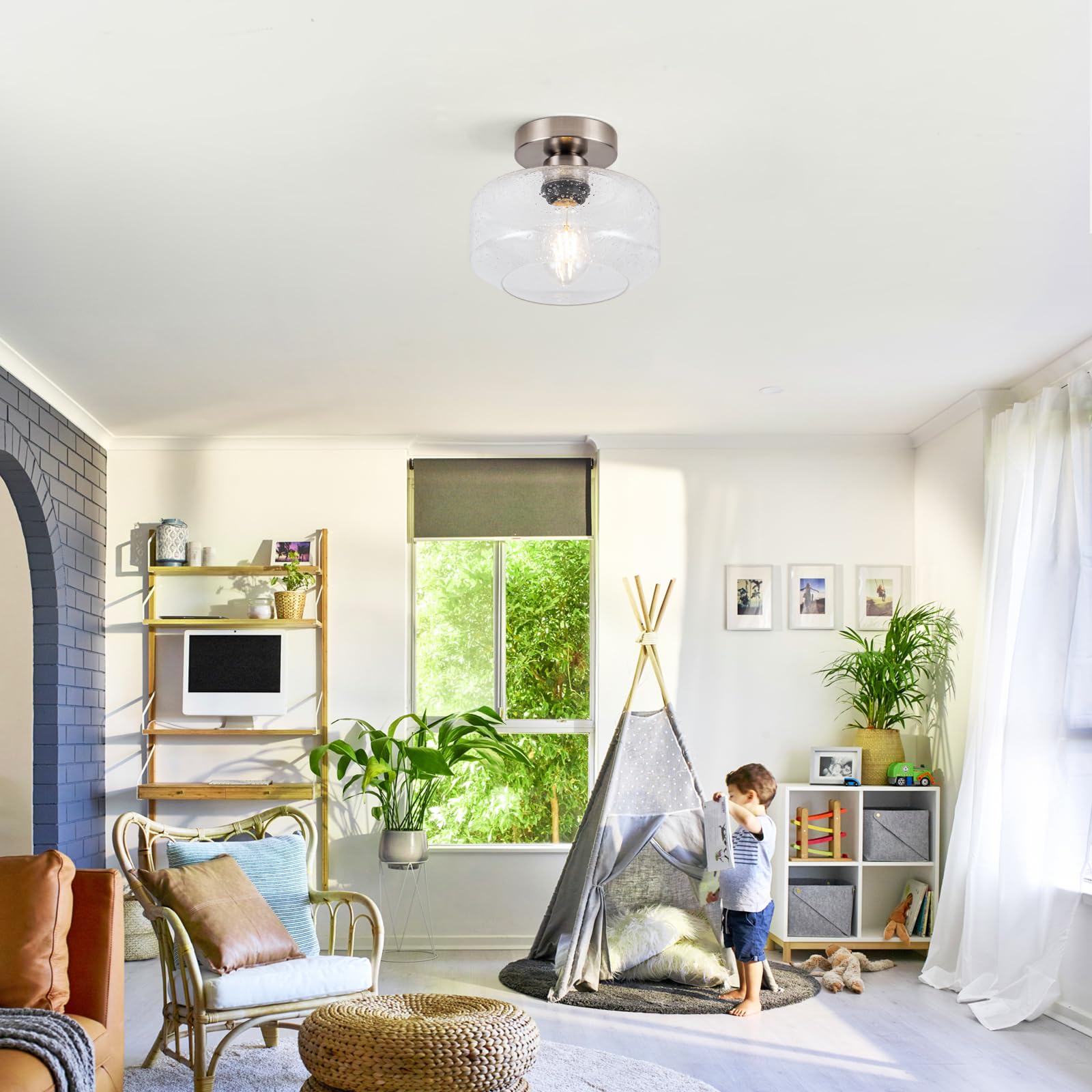 Tbaoinla Semi Flush Mount Ceiling Light, Vintage Clear Seeded Glass, Brushed Nickel Base, Model X8881-A4, 900 Lumens