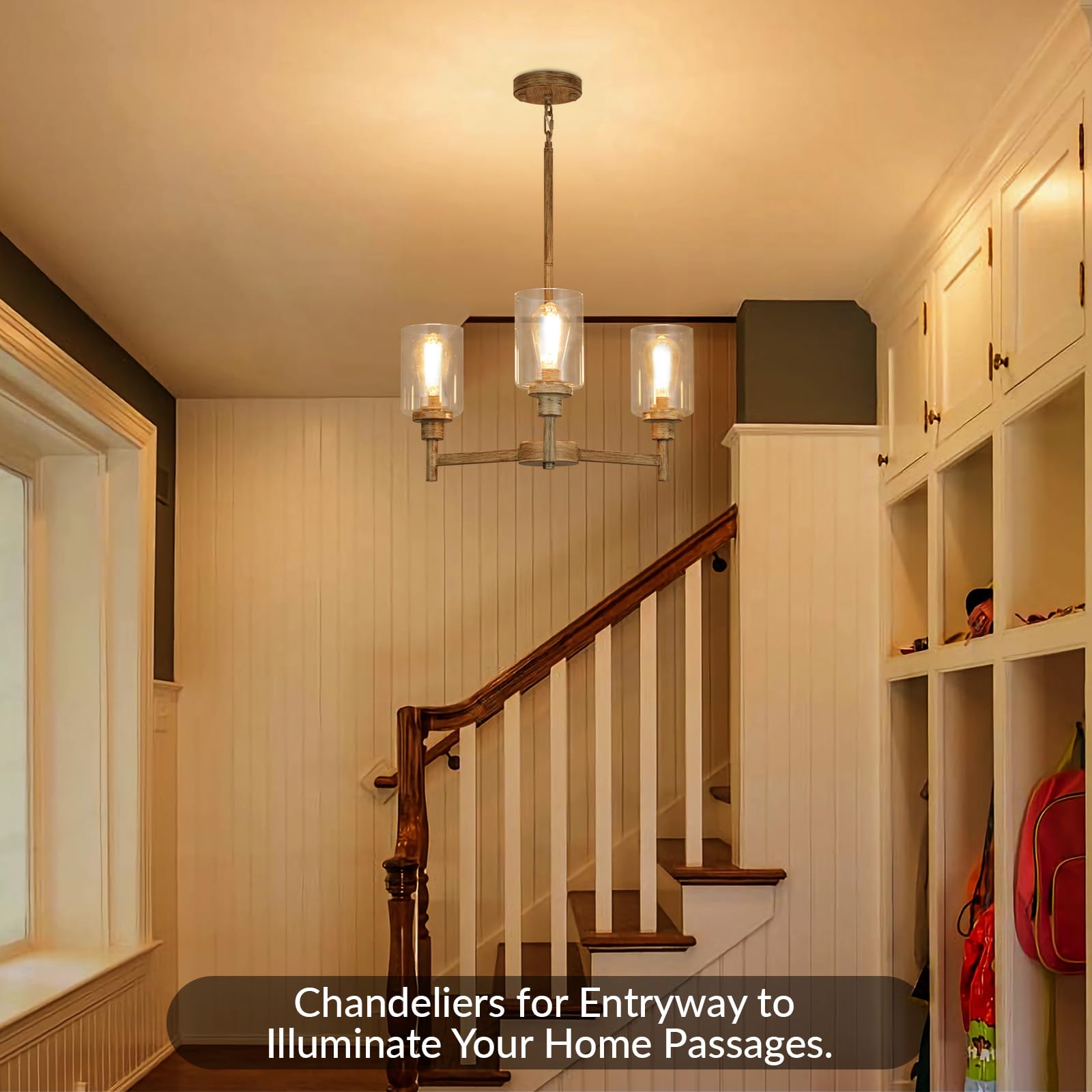 3 Light Farmhouse Chandelier | Rustic Chandeliers For Dining Room Light Fixtures |   Wood Hanging Lighting With Clear Glass Cover For Kitchen Island | Entryway | Bathroom | Corridor | Hallway