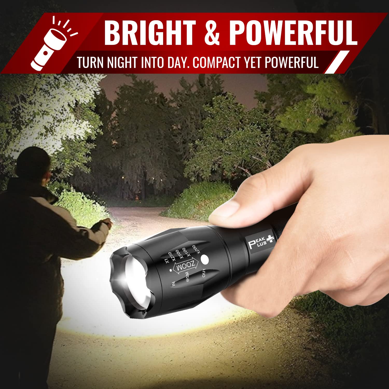 PeakPlus LED Tactical Flashlights, 5 Modes, Zoomable, Aluminum, 3 Pack, Black, Model PPLFX10503P