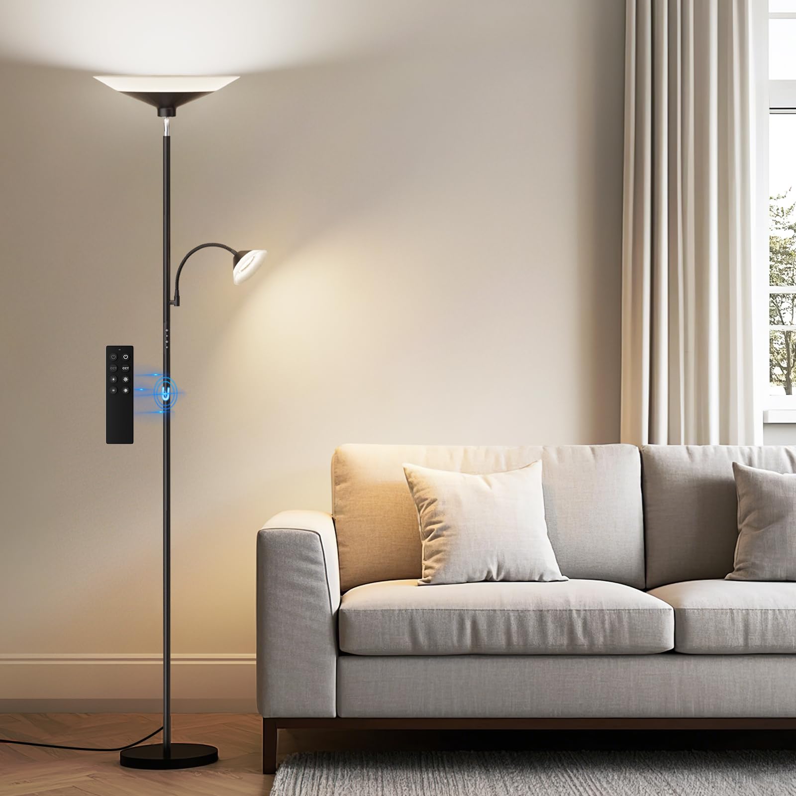 Sibrille Upgraded 2-In-1 Torchiere Floor Lamp, Dimmable Standing Lamp With Remote&Touch Control, 34W Brightness Adjustable Floor