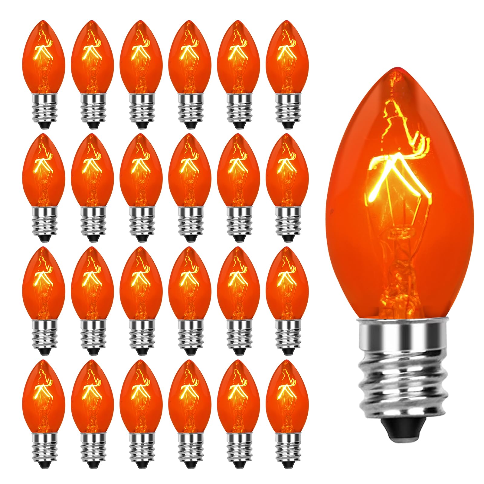 25 Pack C7 Replacement Bulbs, C7 Clear Orange Light Bulbs, C7/E12 Candelabra Base, Orange Halloween Light For Outdoor String Lights Christmas Halloween Patio Party