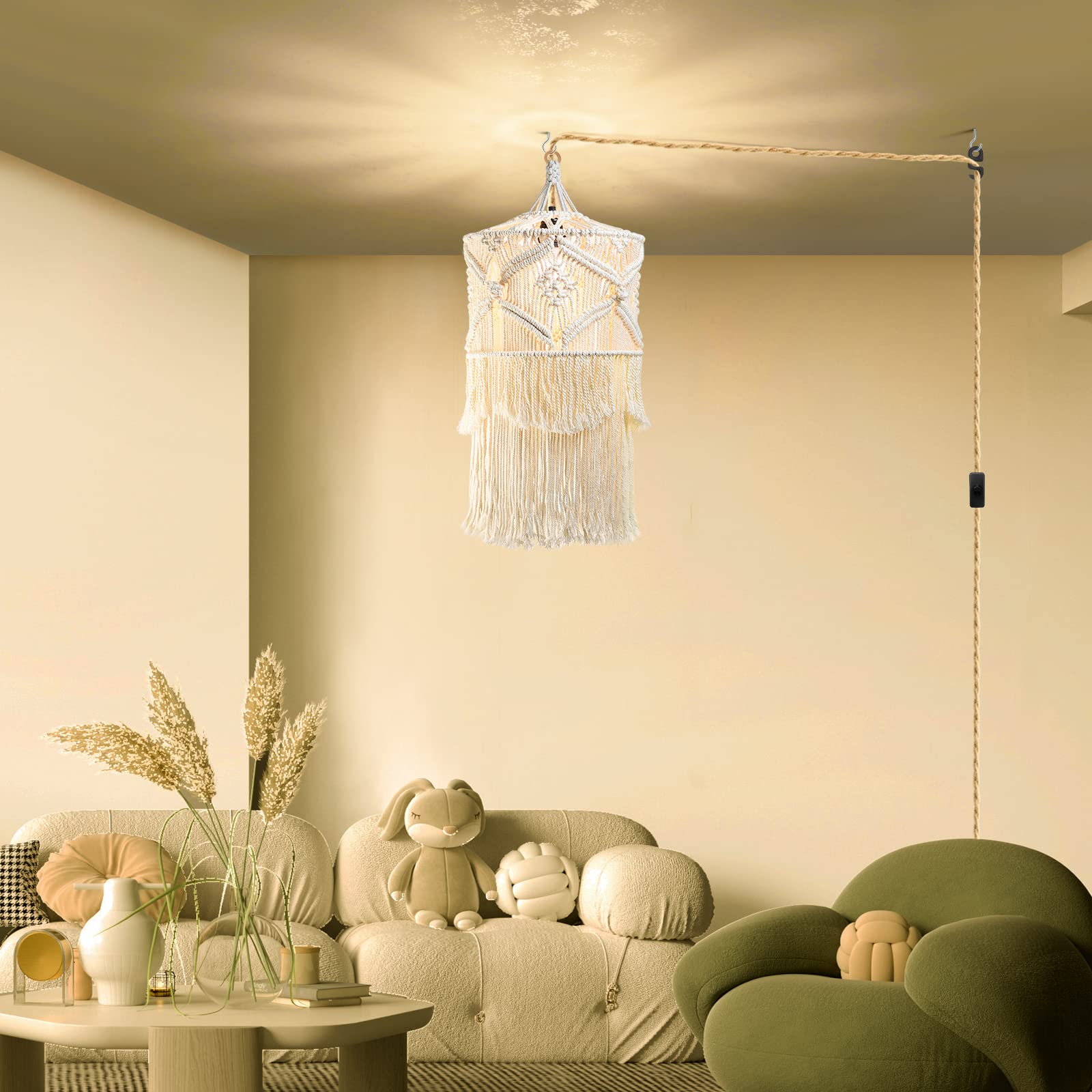 Boho Plug In Pendant Light, 15Ft Hanging Lights With Plug In Cord, Pendant Lights With Handmade Macrame Lamp Shade, Hemp Rope Cord And On/Off Switch, Hanging Lamp For Boho Bedroom Decor Living Room