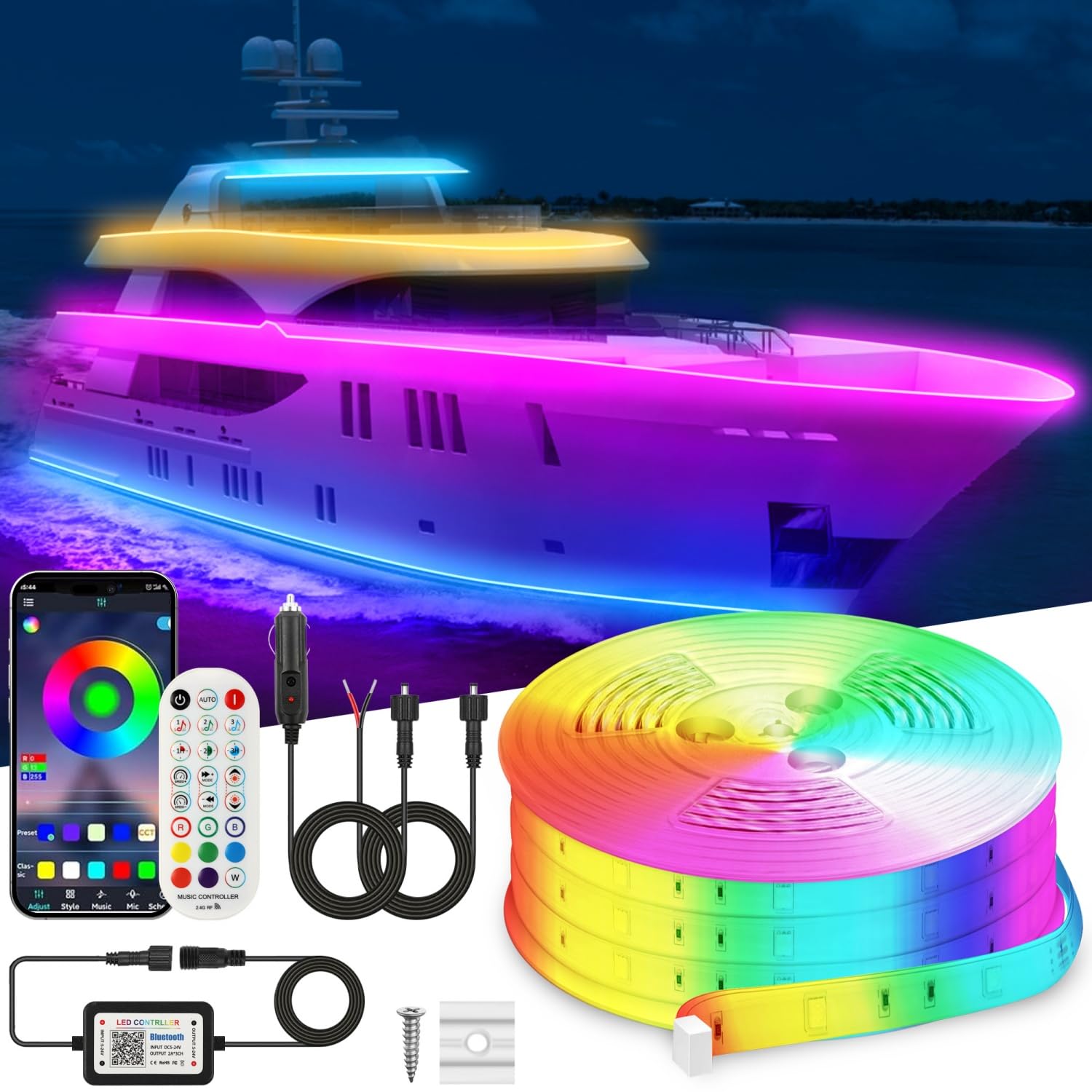 VIDLULTD Marine Boat LED Strip Lights, IP67 Waterproof, 50FT, Multicolor, 12V RGB, Model VLD07-ER45