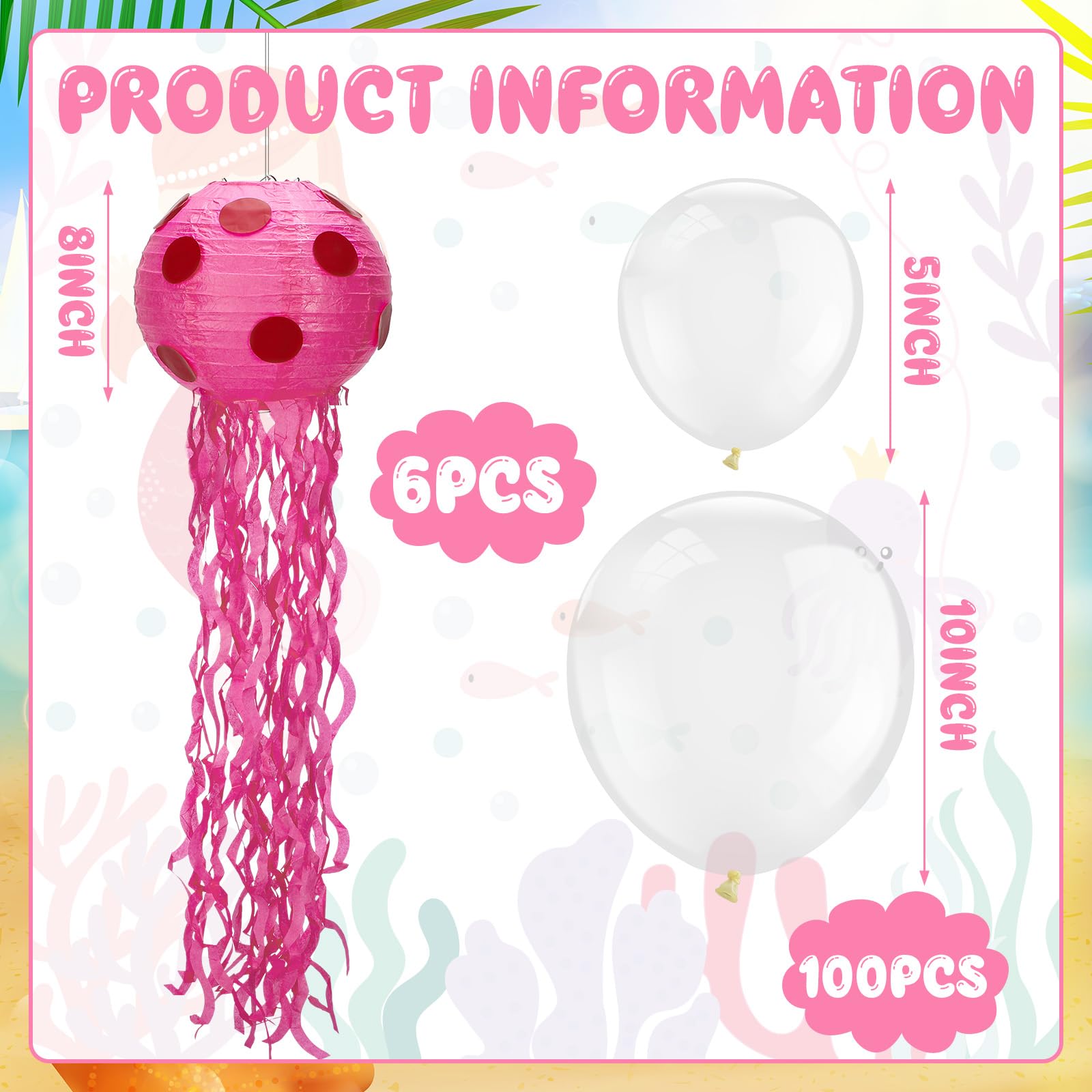 Lunmon 6 Set Sponge Party Hanging Jellyfish Decorations 8 Inch Jellyfish Paper Lanterns with 100 Pcs 5 Inch 10 Inch Clear Balloo