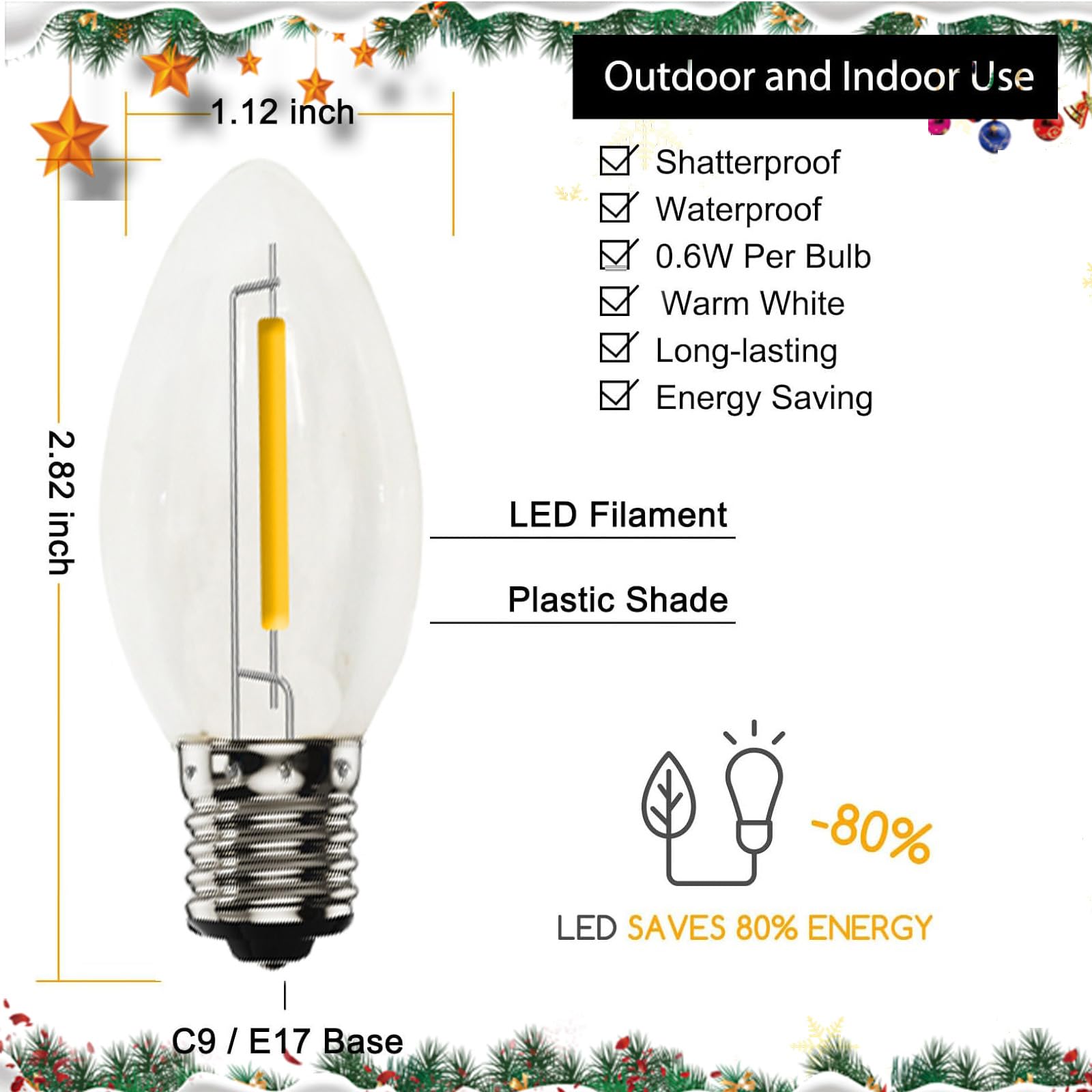Goothy 25Pk C9 Replacement Bulbs, 0.6W Led Night Light Bulbs, E17 Base - Ul Certified Waterproof & Shatterproof Outdoor String L