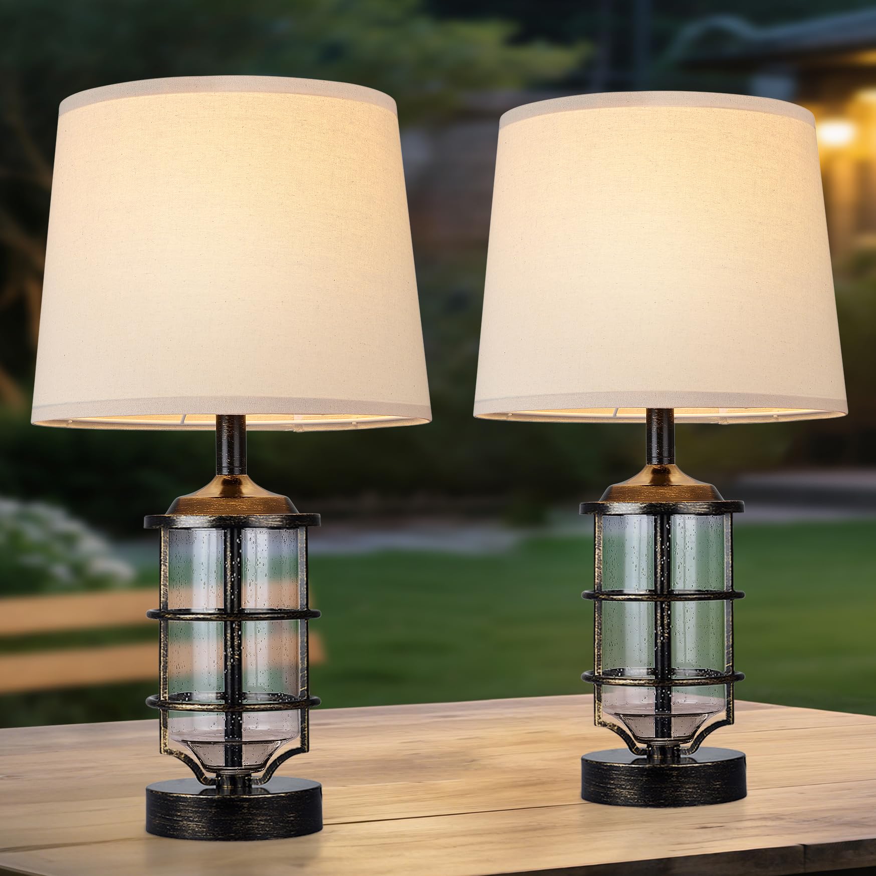Hapcrea Outdoor Table Lamps Set of 2, Farmhouse Lamps for Patio Table Decor with Cord, Rustic Table Lights with Seeded Glass, 23
