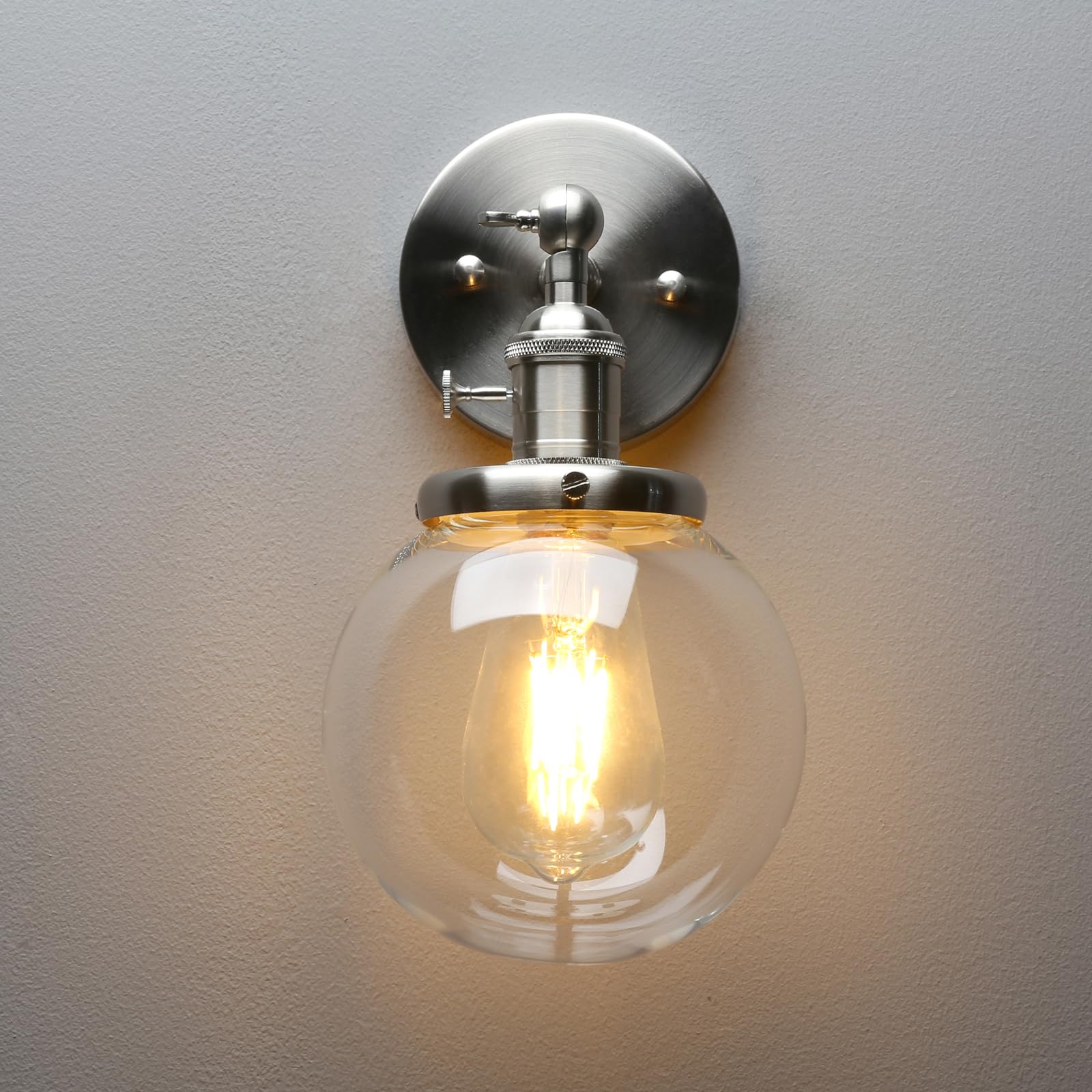 Permo Vintage Industrial Wall Sconce Lighting Fixture With Mini 5.9 Round Clear Glass Globe Hand Blown Shade (Brushed)