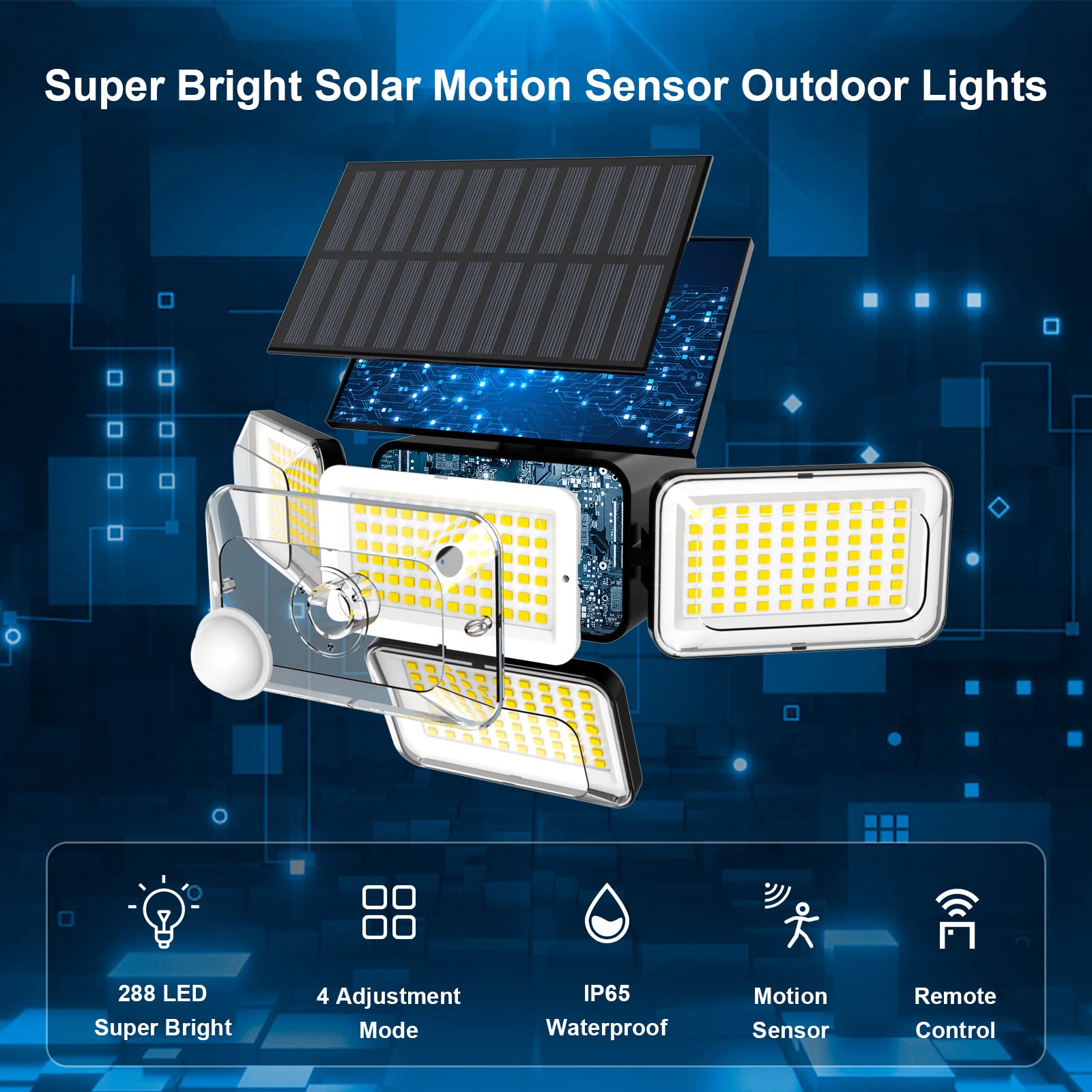 Mokot Solar Lights Outdoor, 288 Led 2800Lm Solar Motion Sensor Outdoor Lights With Remote Control, 4 Heads Ip65 Waterproof Solar