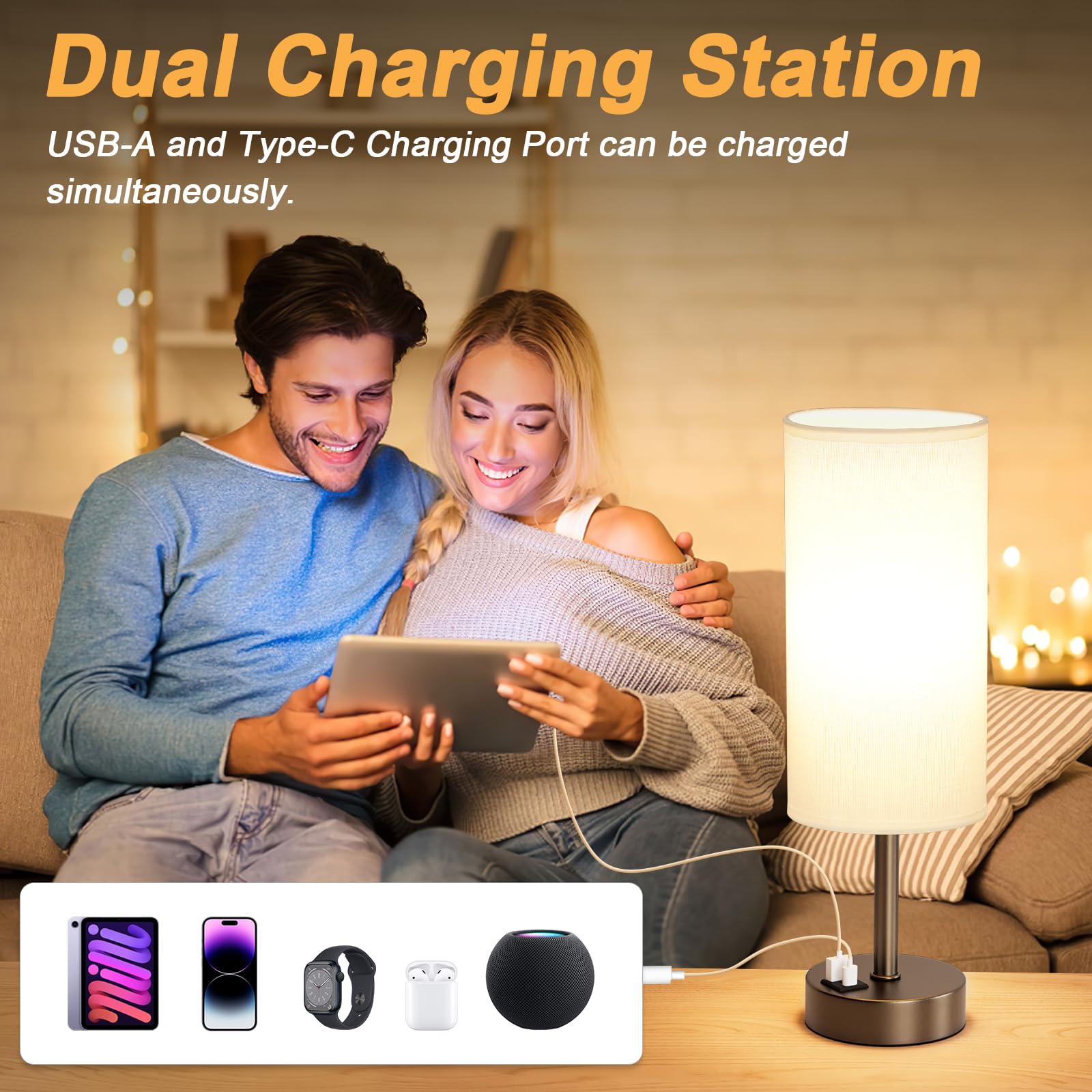 Bedside Touch Table Lamps For Bedroom Nightstand With Usb-C Usb-A Charging Ports, White & Brown 3 Way Dimmable Small Desk Lamp F