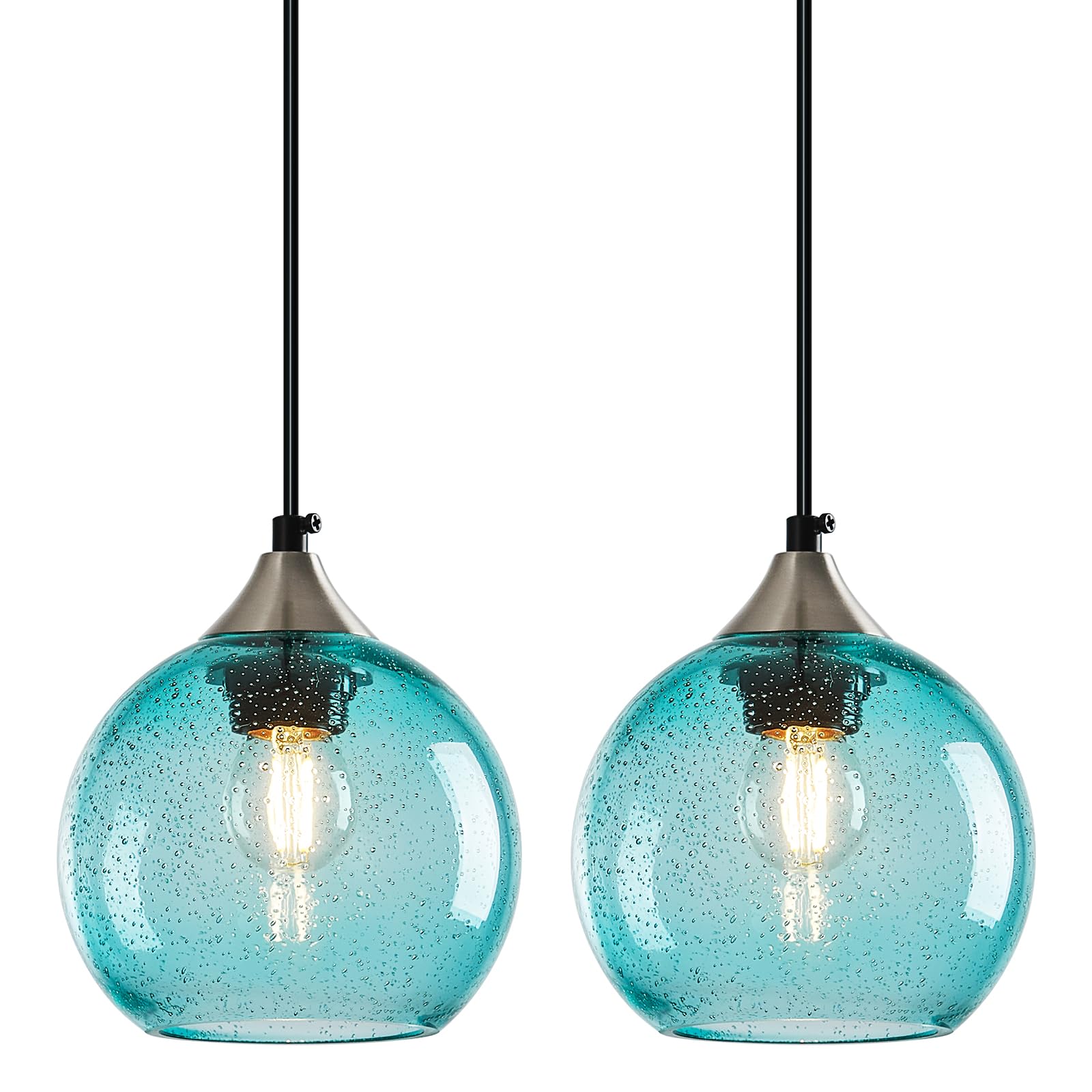 Lbsqj Light Blue Glass Pendant Lights Kitchen Island Globe Pendant Light Fixtures Modern Pendant Lighting For Bedroom Living Dining Room Light Fixture (5.9 In  2 Pack)