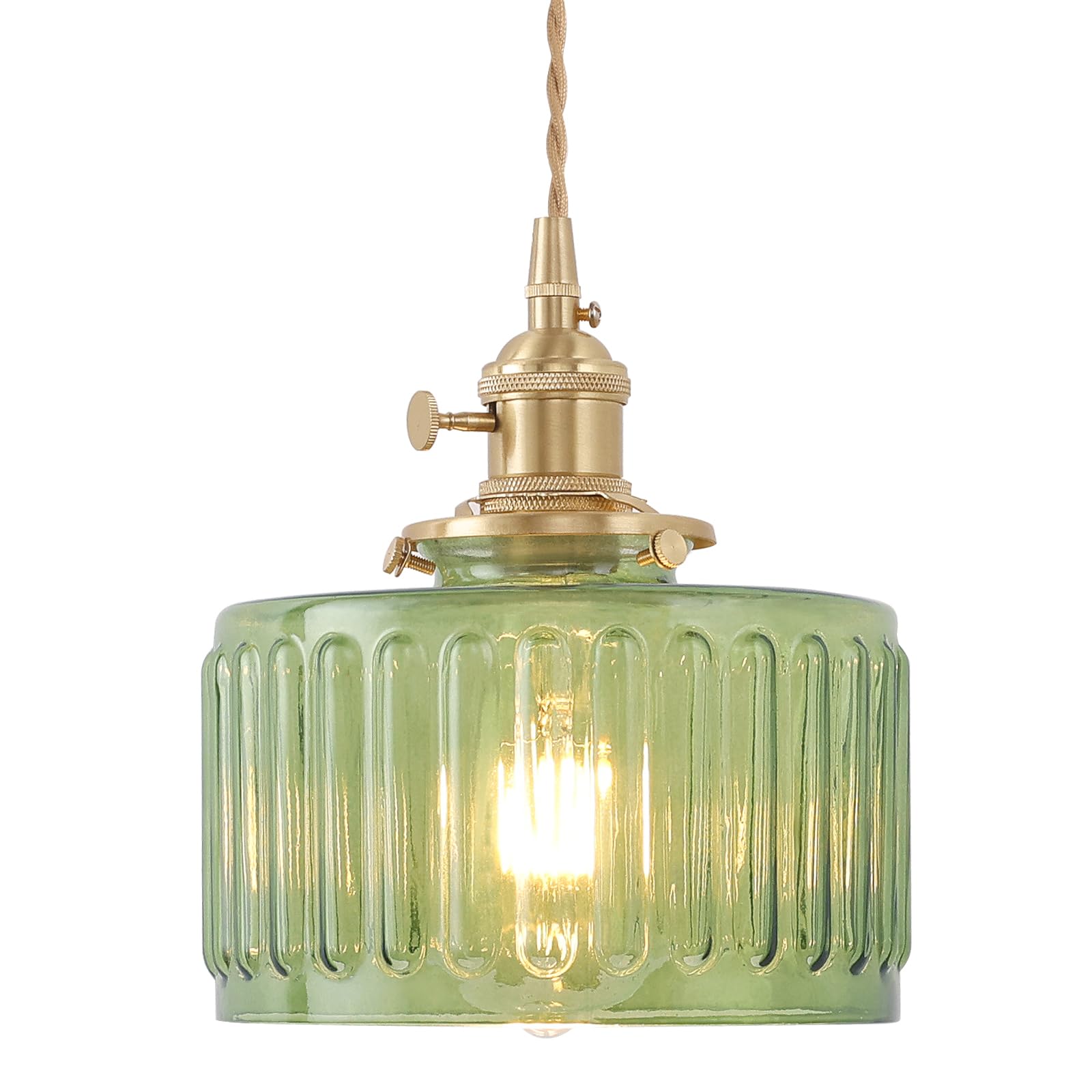 Shenmoyl Pendant Light with Green Striped Glass Lmapshade, Brass Vintage Pendant Light Adjustable Hanging Light for Kitchen Isla