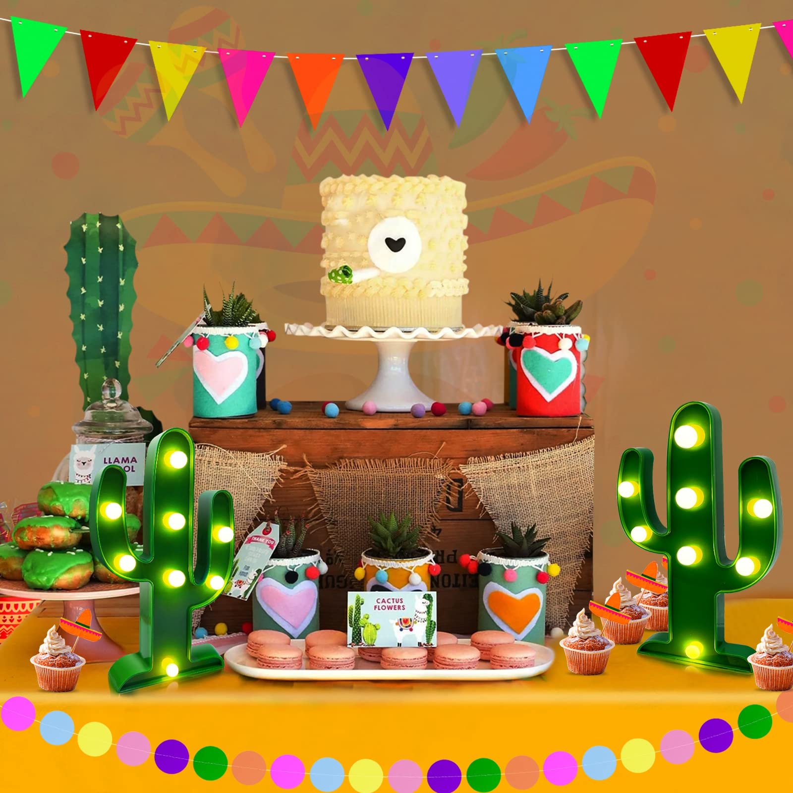 [ Extra Large & 2 Pack ] Cactus Light Mexican Party Decorations Total 16 Led 10 Inch Cactus Decor Fiesta Cinco De Mayo Decor Cute Night Lamp For Table Kids' Room Bedroom Living Room Gift Party