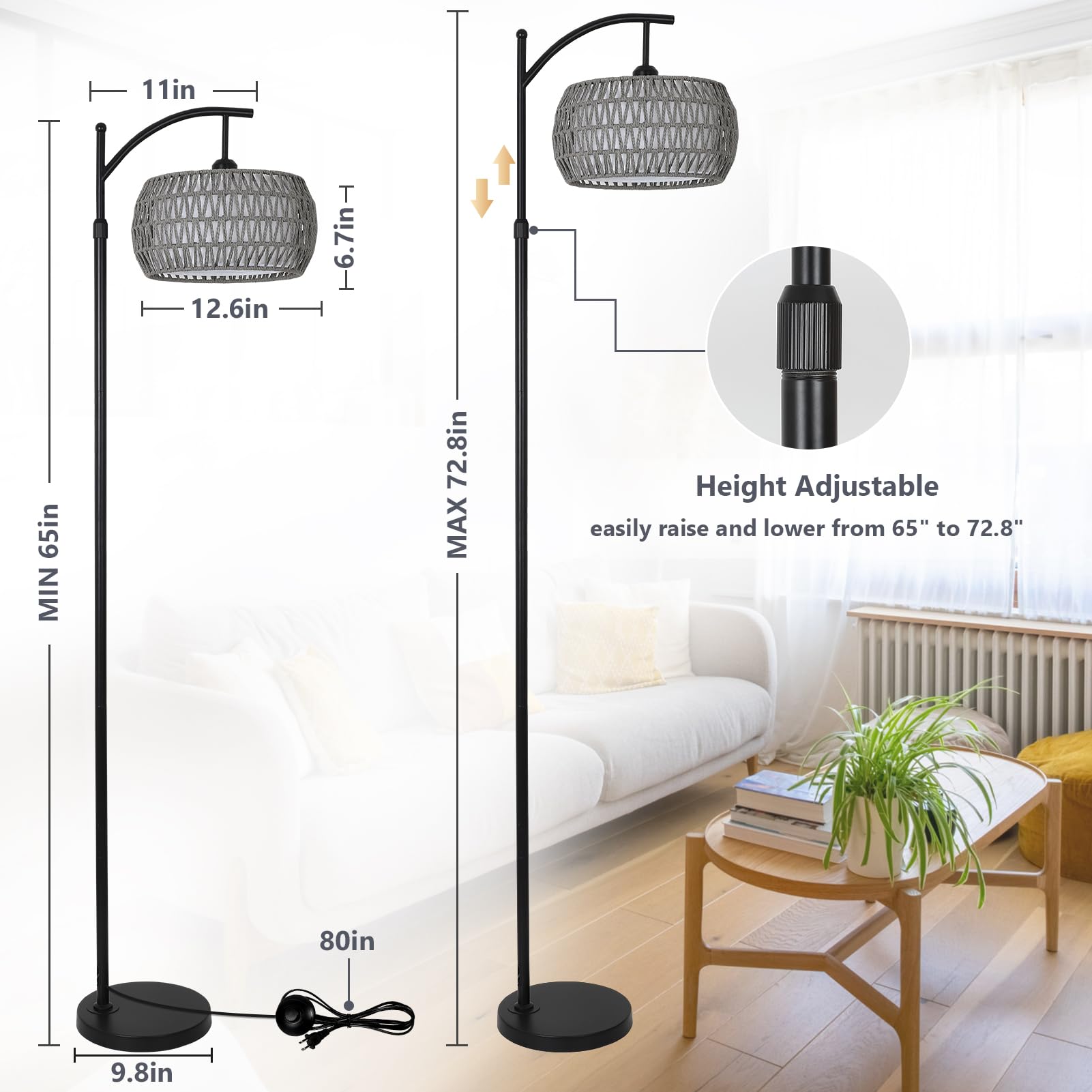 Arc Floor Lamp For Bedroom, Boho Standing Lamp With Remote & Led Smart Bulb, Rattan Floor Lamps For Living Room With 3 Color Tem