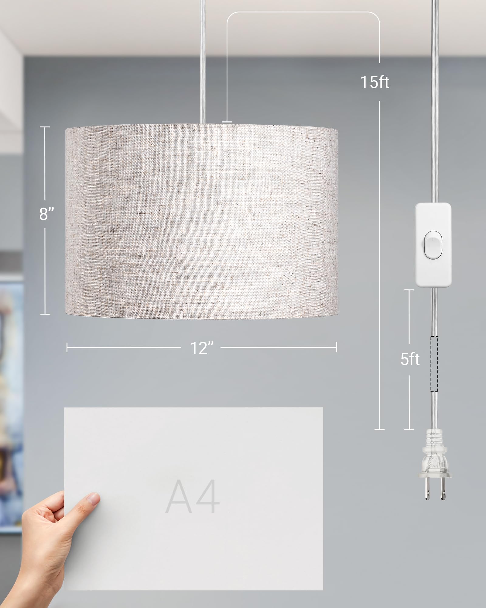Dewenwils Plug In Pendant Light, Hanging Light With 15Ft Clear Cord, On/Off Switch, Beige Linen Shade, Hanging Light Fixture For