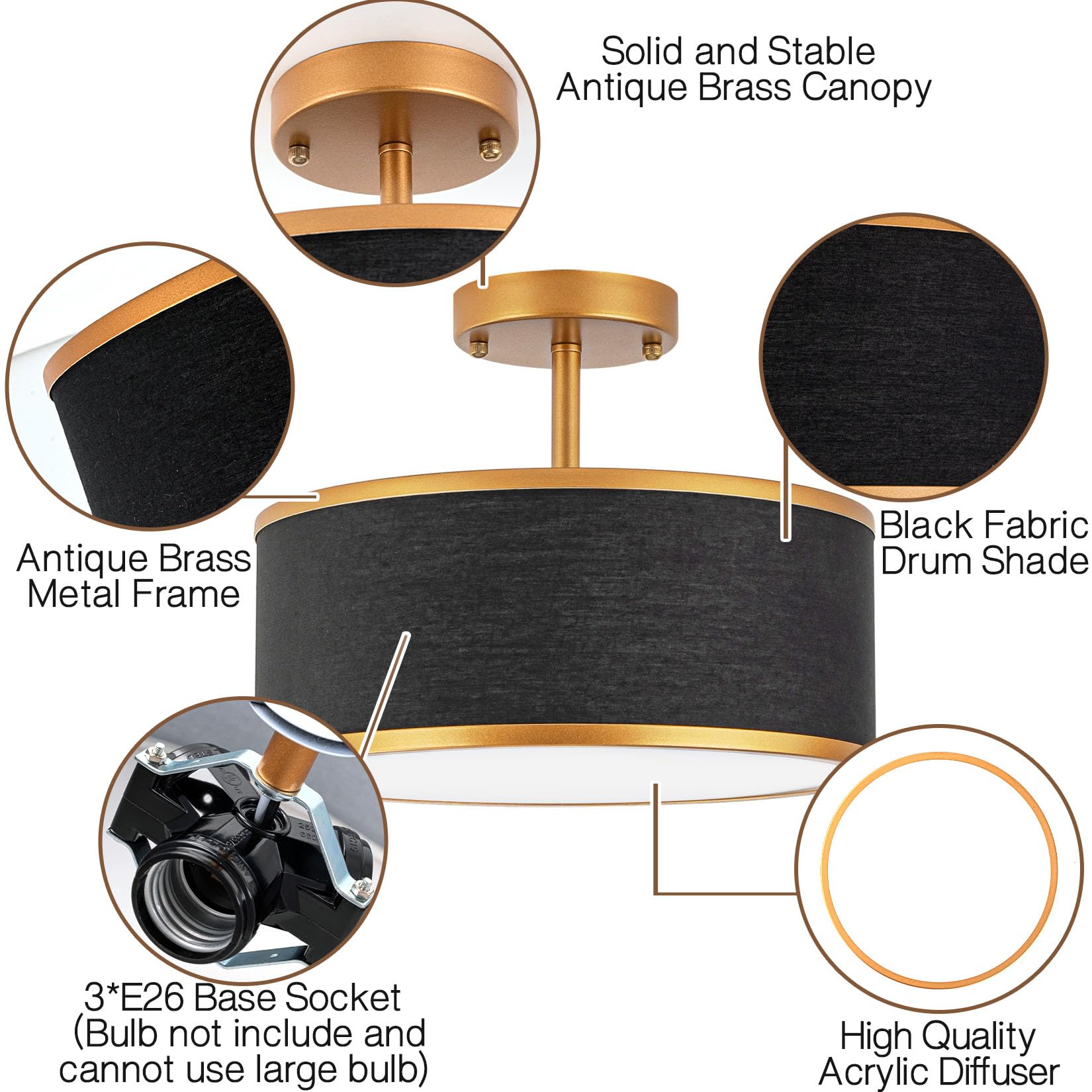 Bargeni Semi Flush Mount Ceiling Light,12.5 Inch Ceiling Light Fixture,Gold Flush Mount Light Fixture With Black Fabric Drum Sha