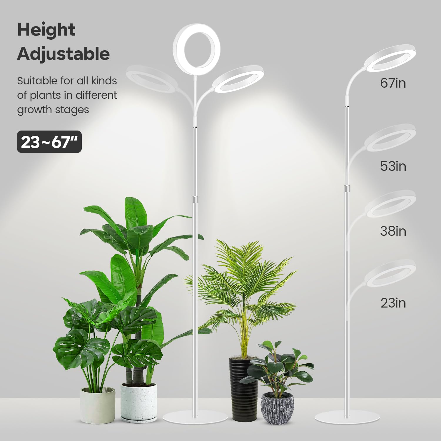 Garpsen Full Spectrum LED Grow Light with Stand, 67'' Adjustable Height, 3 Color Modes, 5 Dimmable Levels, White, Model BL-B20B-White