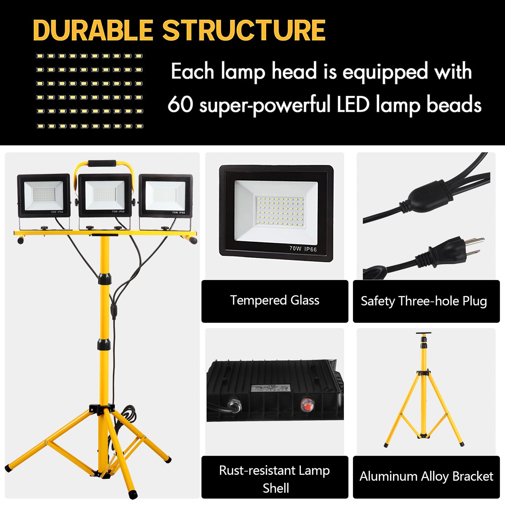 21000 Lumen Work Lights With Stand, 3 Adjustable Head Led Work Light, With Adjustable And Foldable Tripod Stand, Waterproof Lamp