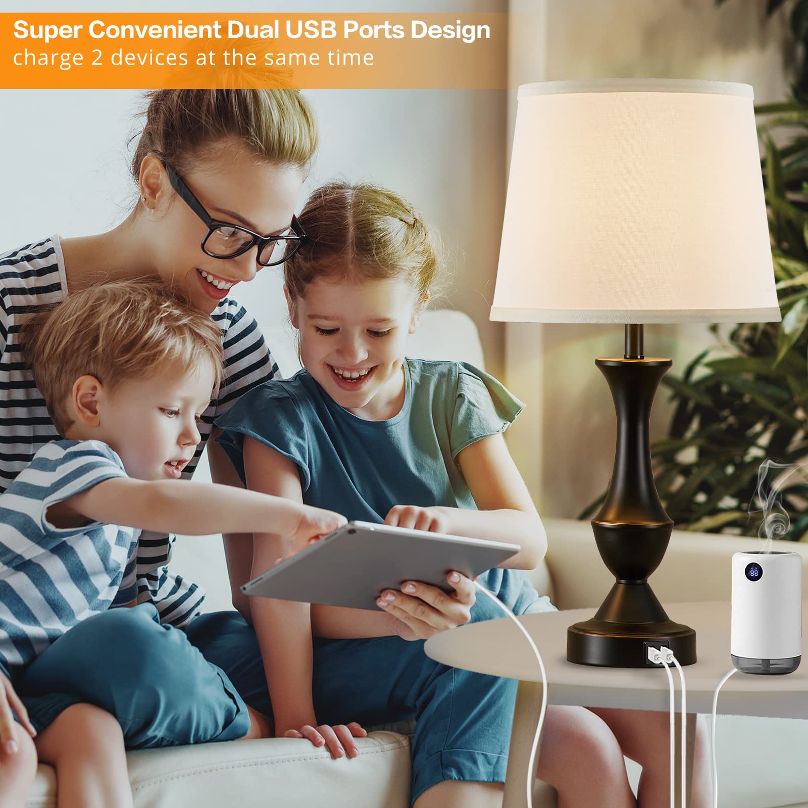 Luvkczc Touch Bedside Lamps Set of 2, 3-Way Dimmable, USB Ports, White Linen Shade, Model L-73008-07, Black/White Color